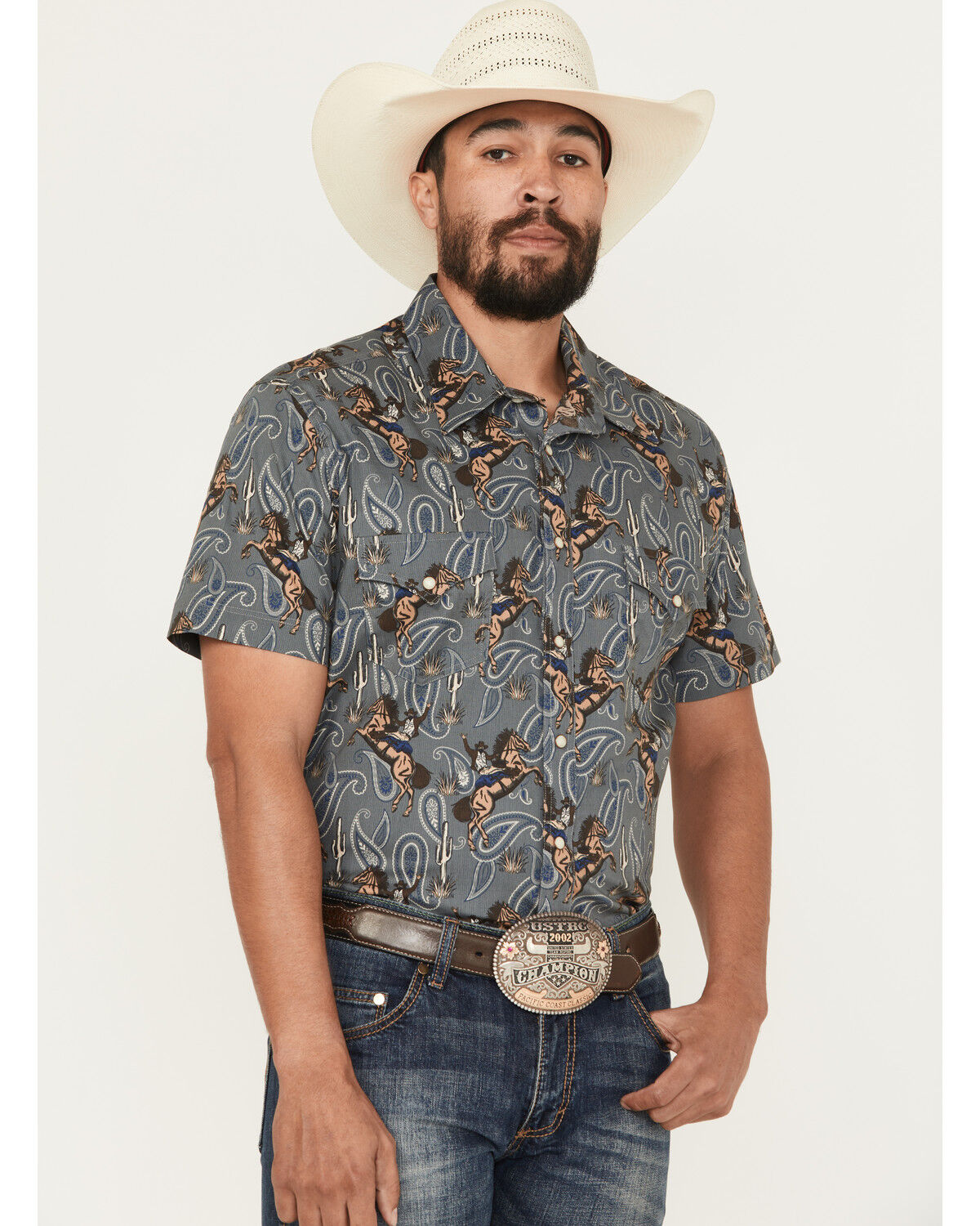 Rock & Roll Denim Men's Dale Brisby Horse Print Short Sleeve Snap Stretch Western Shirt, Charcoal, hi-res