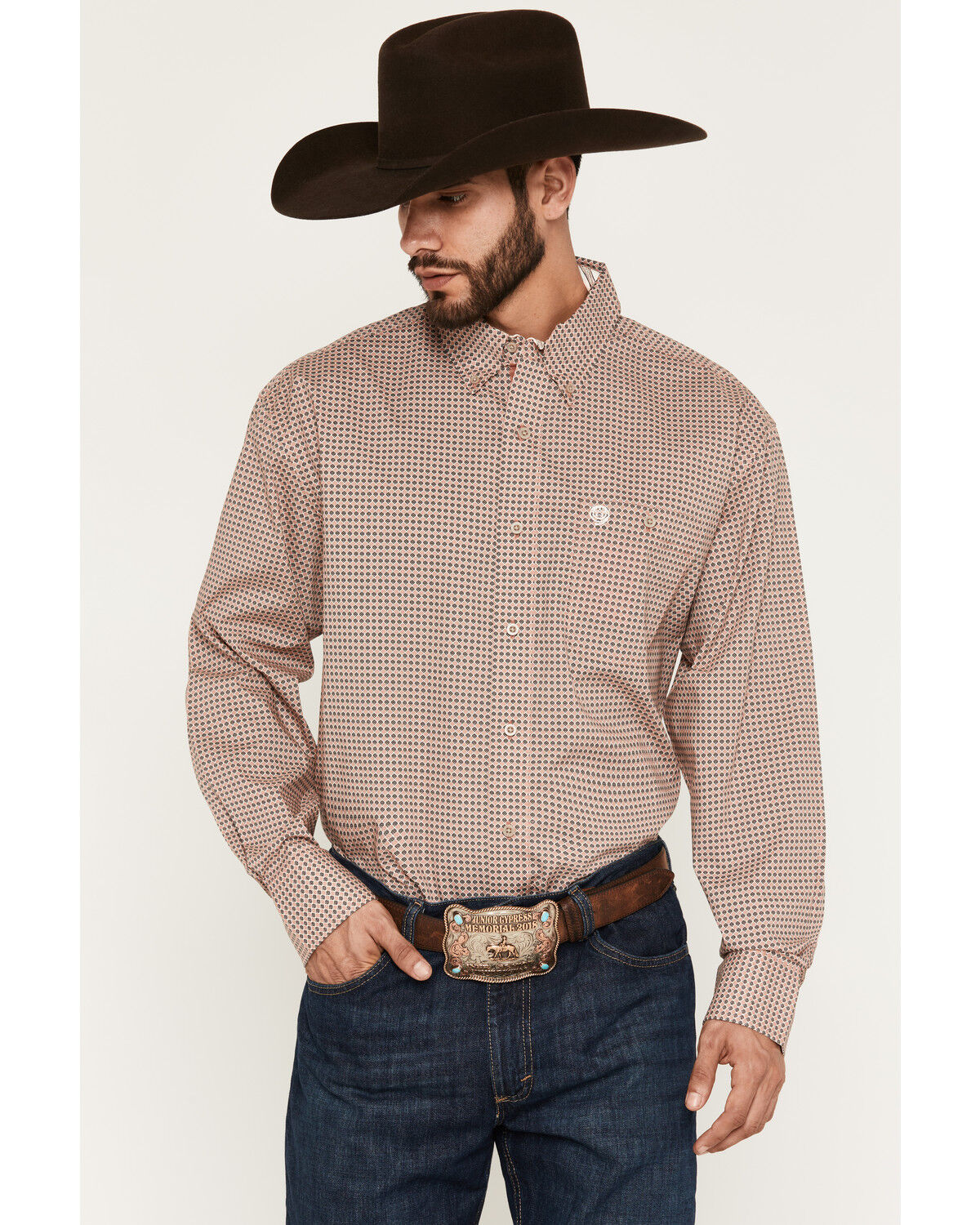 George Strait by Wrangler Men's Geo Print Long Sleeve Button-Down Stretch Western Shirt, Rust Copper, hi-res