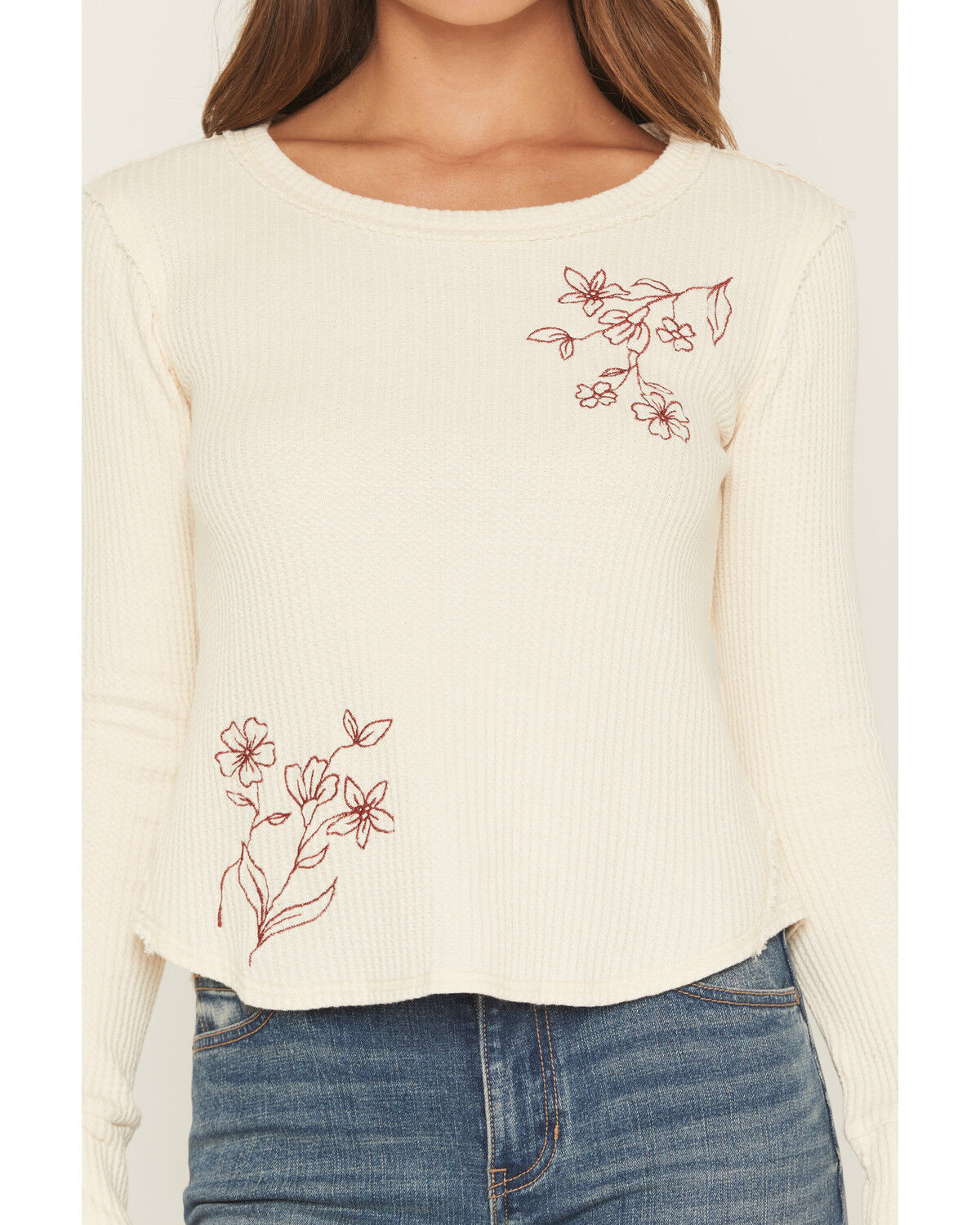 Image #3 - Wild Moss Women's Floral Embroidered Thermal Long Sleeve Top, Cream, hi-res