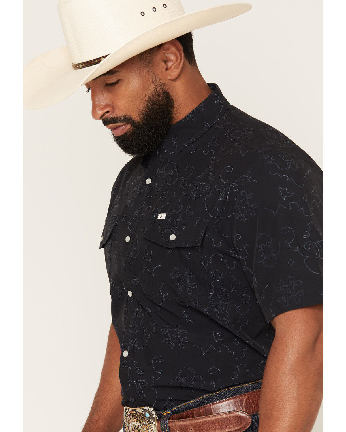 Image #2 - Ferrell Men's Tek Carson Boot Stitch Print Short Sleeve Pearl Snap Stretch Performance Western Shirt, Black, hi-res