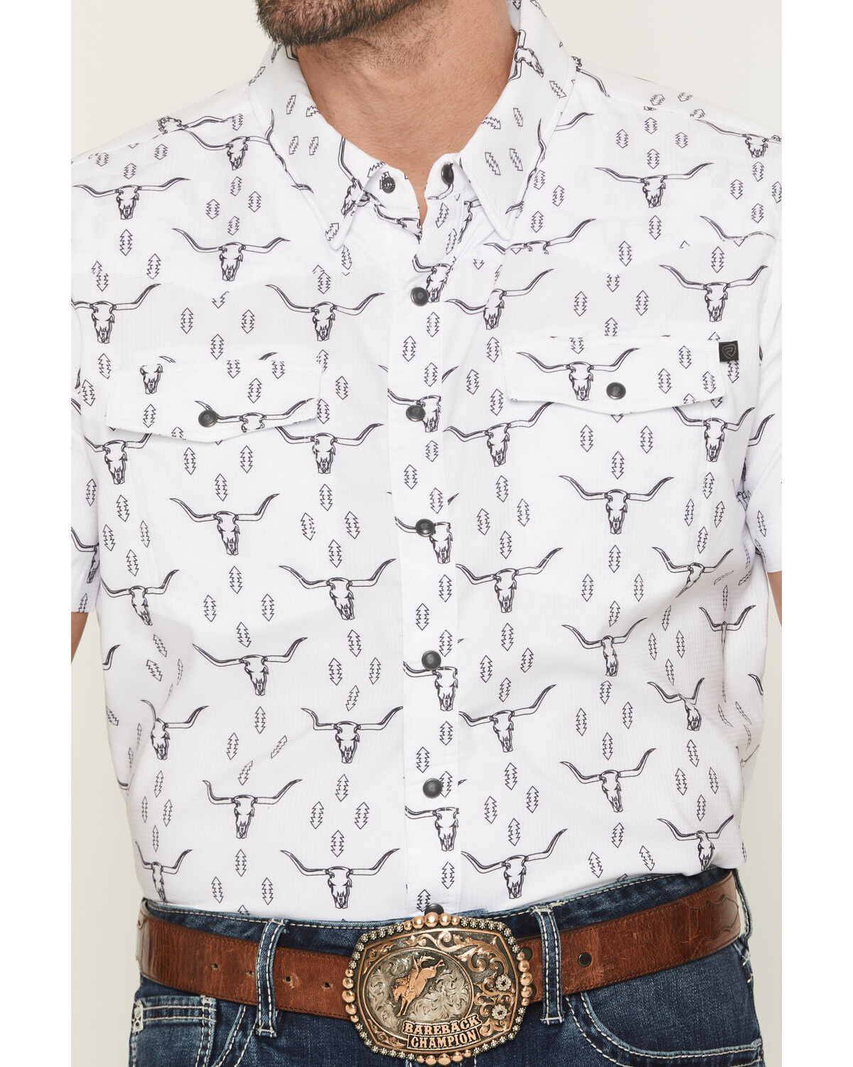 Image #3 - Rock & Roll Denim Men's TEK Steer Skull Short Sleeve Snap Stretch Western Shirt, White, hi-res