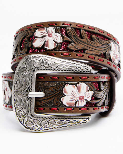 Image #1 - Shyanne Girls' Tooled Floral Glitter Underlay Belt, Brown, hi-res