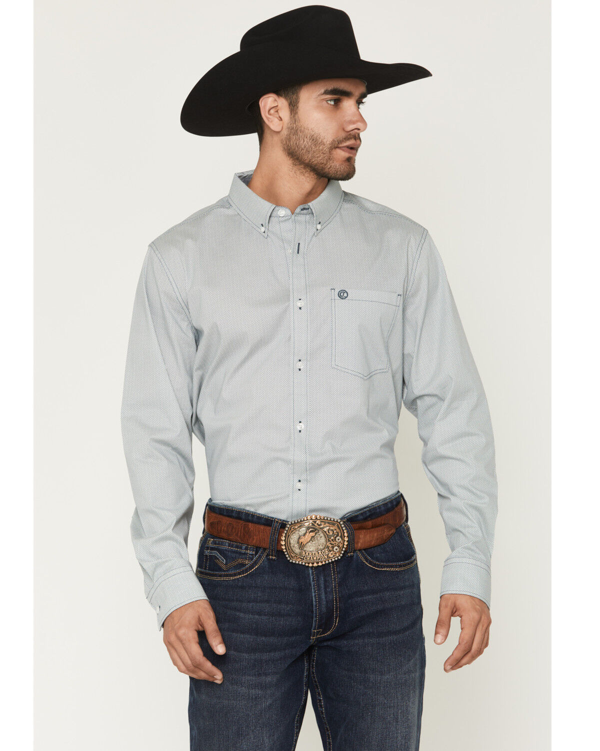 Image #1 - Cody James Men's Day Job Geo Print Long Sleeve Button-Down Stretch Western Shirt - Big, Blue, hi-res