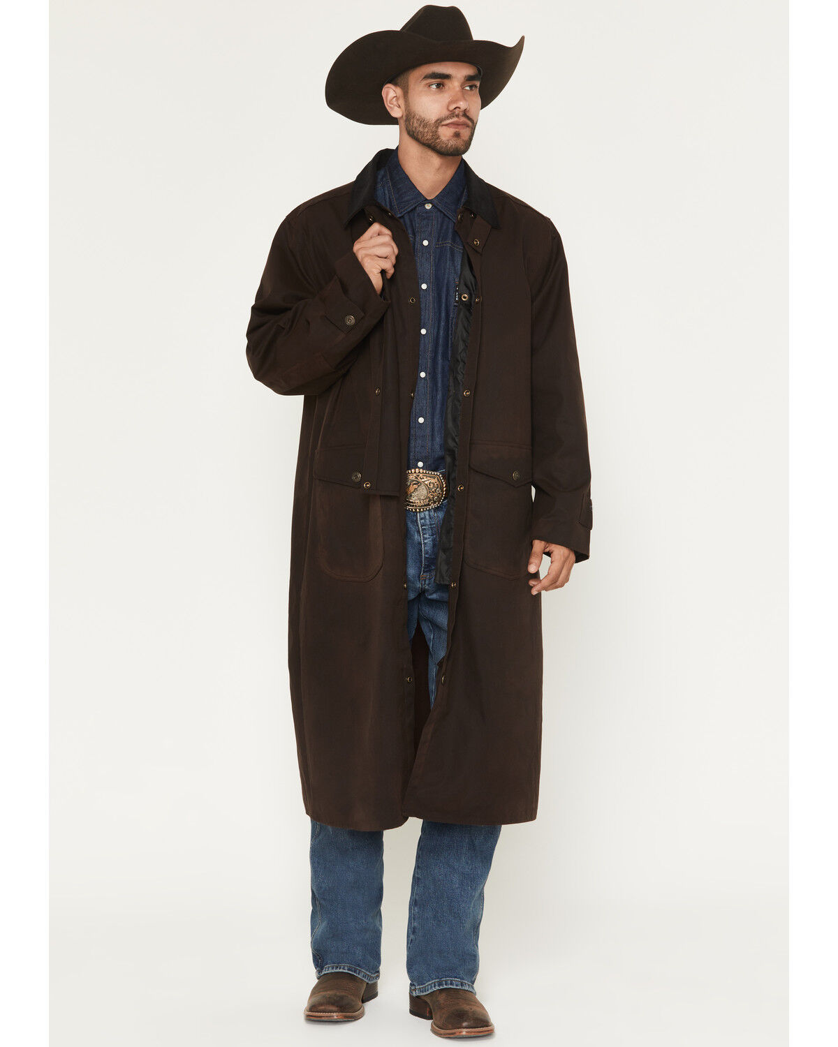 Image #1 - Blue Ranchwear Men's Briscoe Waxed Canvas Duster Western Overcoat, Dark Brown, hi-res