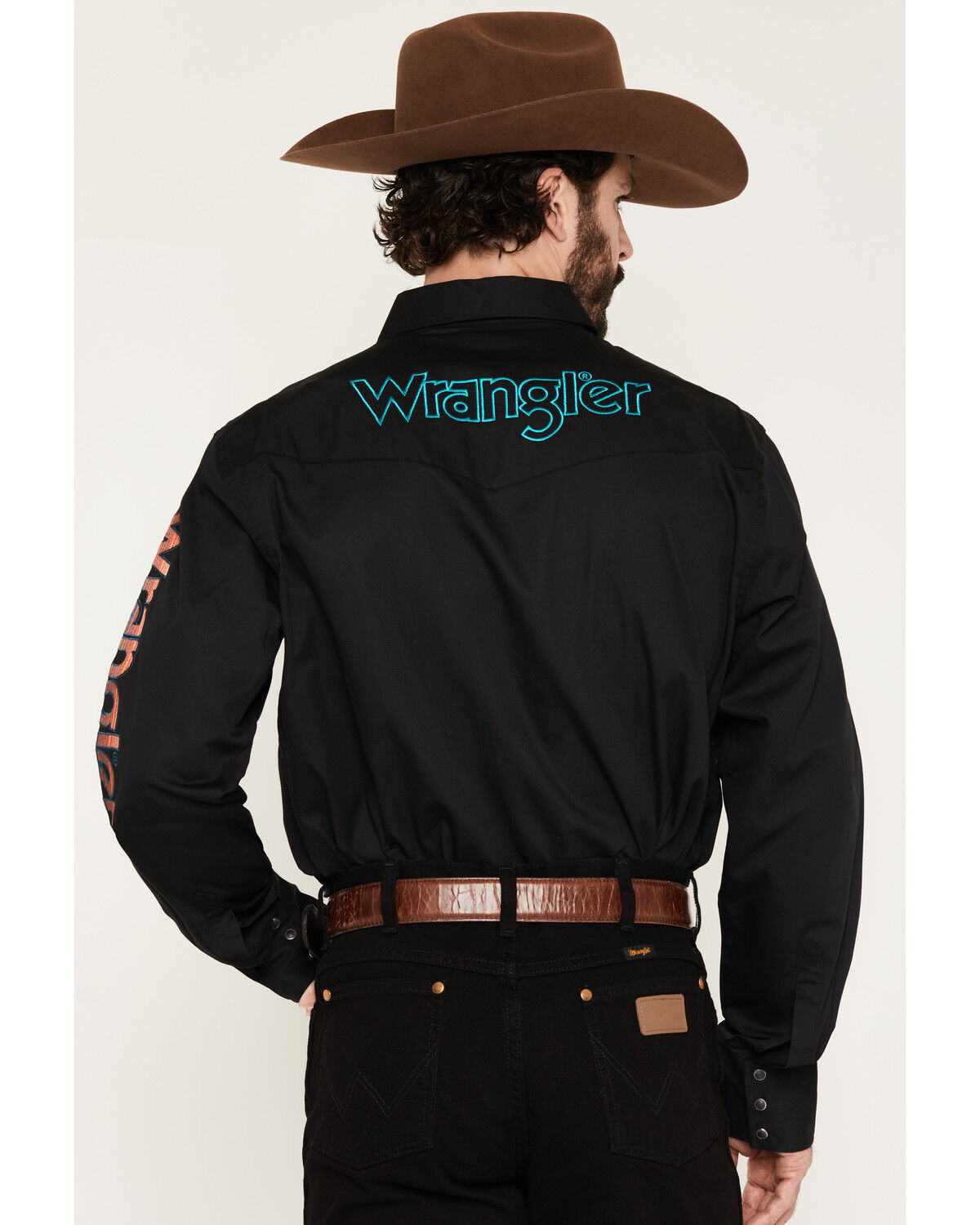 Image #4 - Wrangler Men's Western Solid Logo Long Sleeve Snap Western Shirt, Black, hi-res