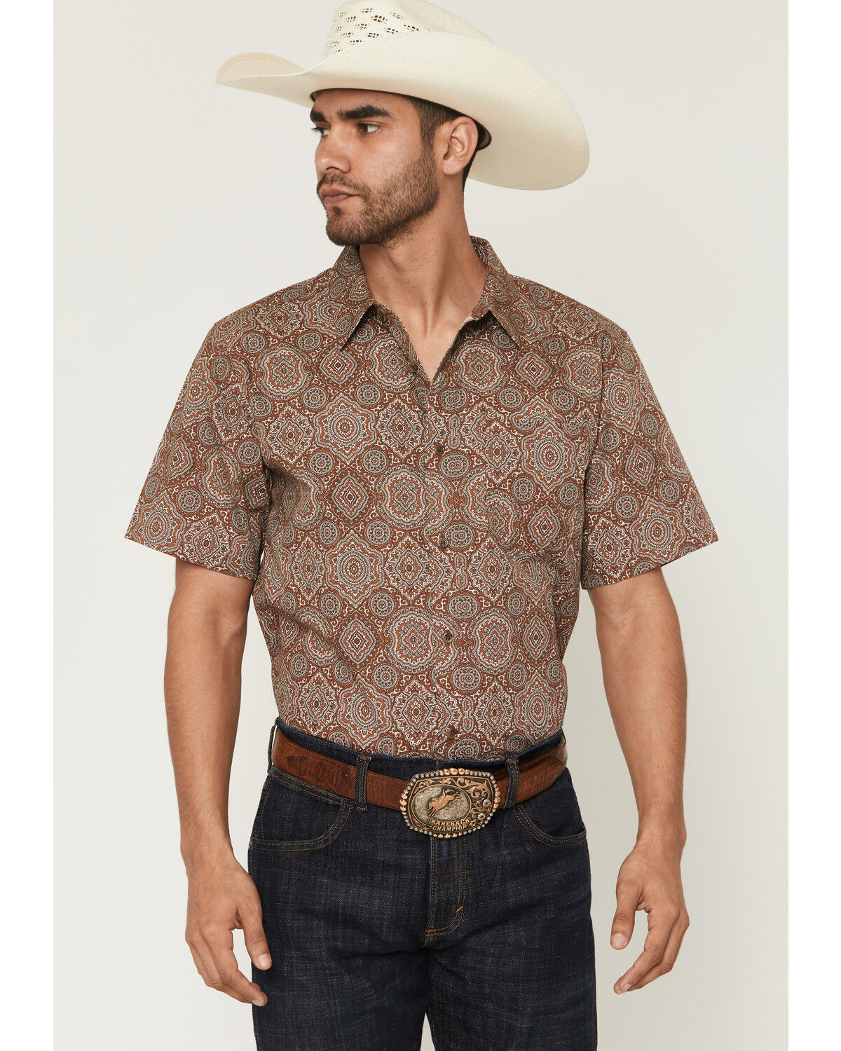 Gibson Trading Co Men's Sundown Drapes Medallion Print Short Sleeve Button-Down Western Shirt - Tall, Rust Copper, hi-res