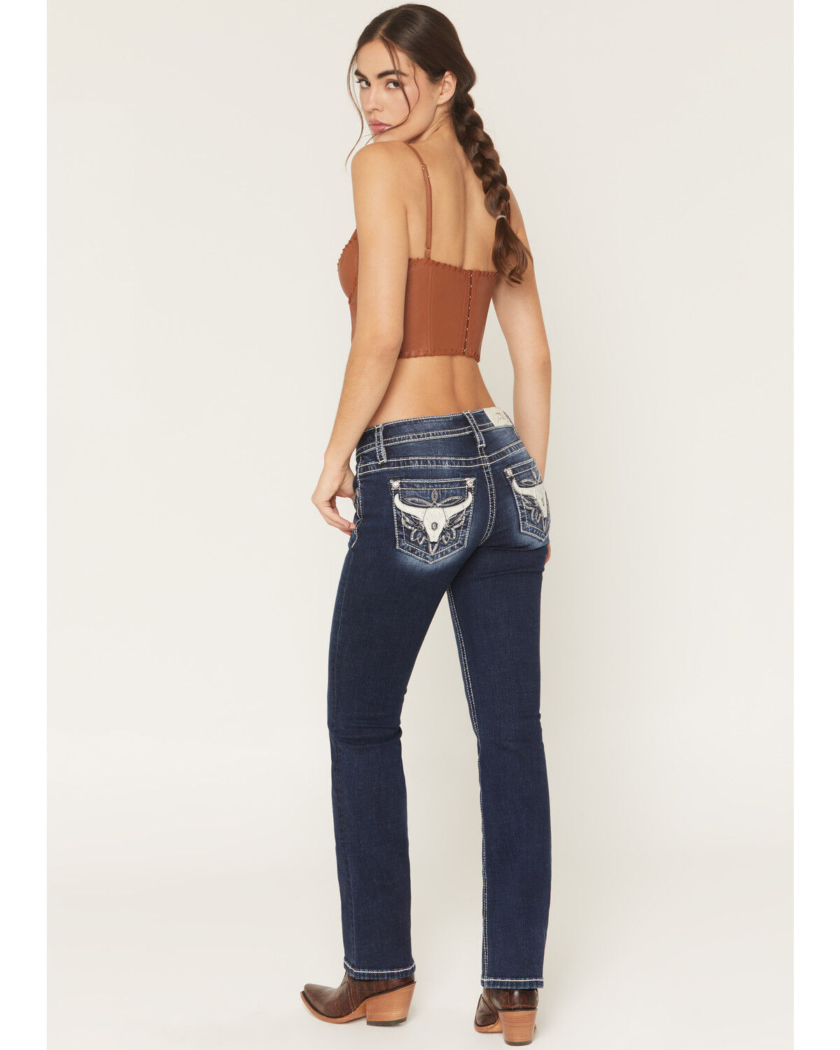 Miss Me Women's Dark Wash Mid Rise Steerhead Pocket 32" Bootcut Stretch Denim Jeans, Dark Wash, hi-res