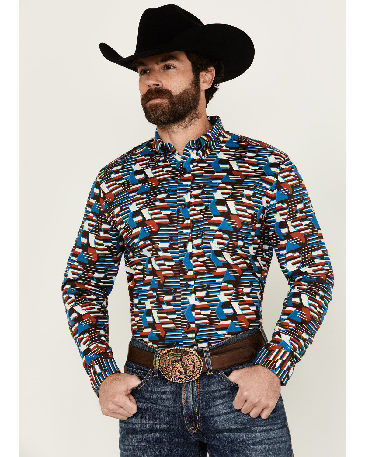 Image #1 - RANK 45&reg; Men's Yaak Abstract Geo Print Long Sleeve Button-Down Stretch Western Shirt, Chocolate, hi-res
