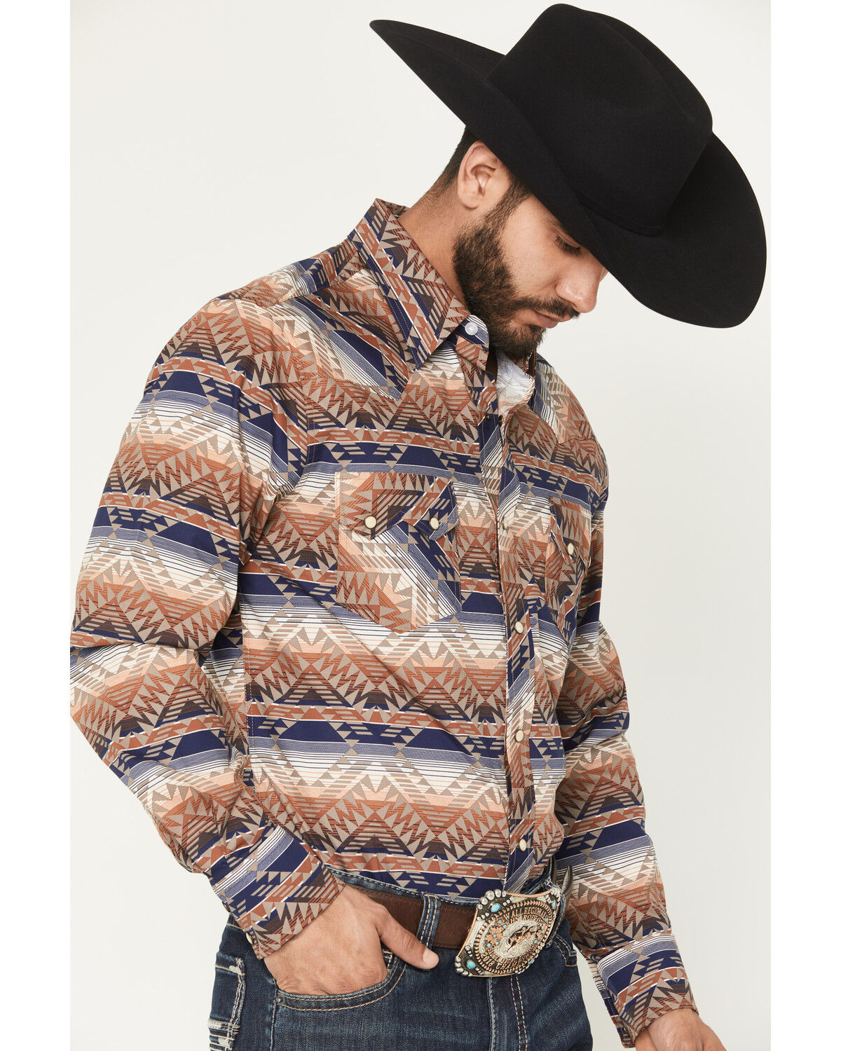 Image #2 - Rock & Roll Denim Men's Southwestern Print Long Sleeve Snap Stretch Western Shirt, Tan, hi-res