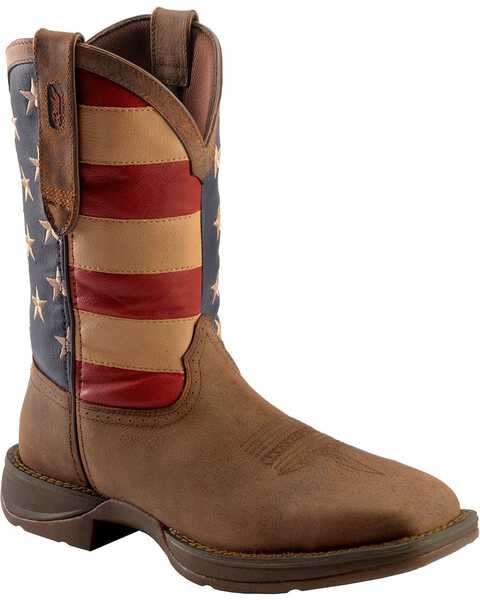 Rebel by Durango Men's Steel Toe American Flag Western Work Boots, Brown, hi-res