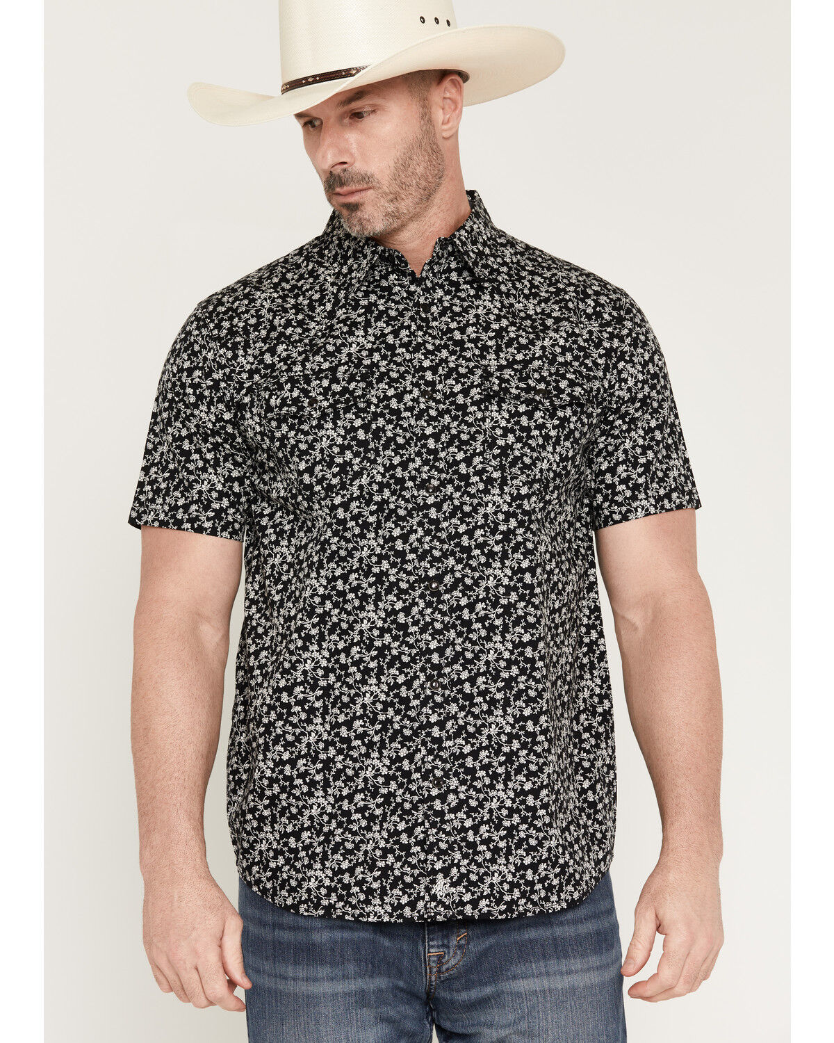 Image #1 - Moonshine Spirit&reg; Men's Midnight Bloom Floral Print Short Sleeve Snap Western Shirt, Black, hi-res