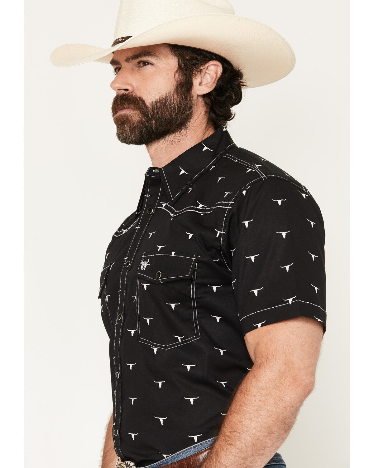Image #2 - Cowboy Hardware Men's Boot Barn Exclusive Scatter Skull Print Short Sleeve Snap Stretch Western Shirt, Black, hi-res
