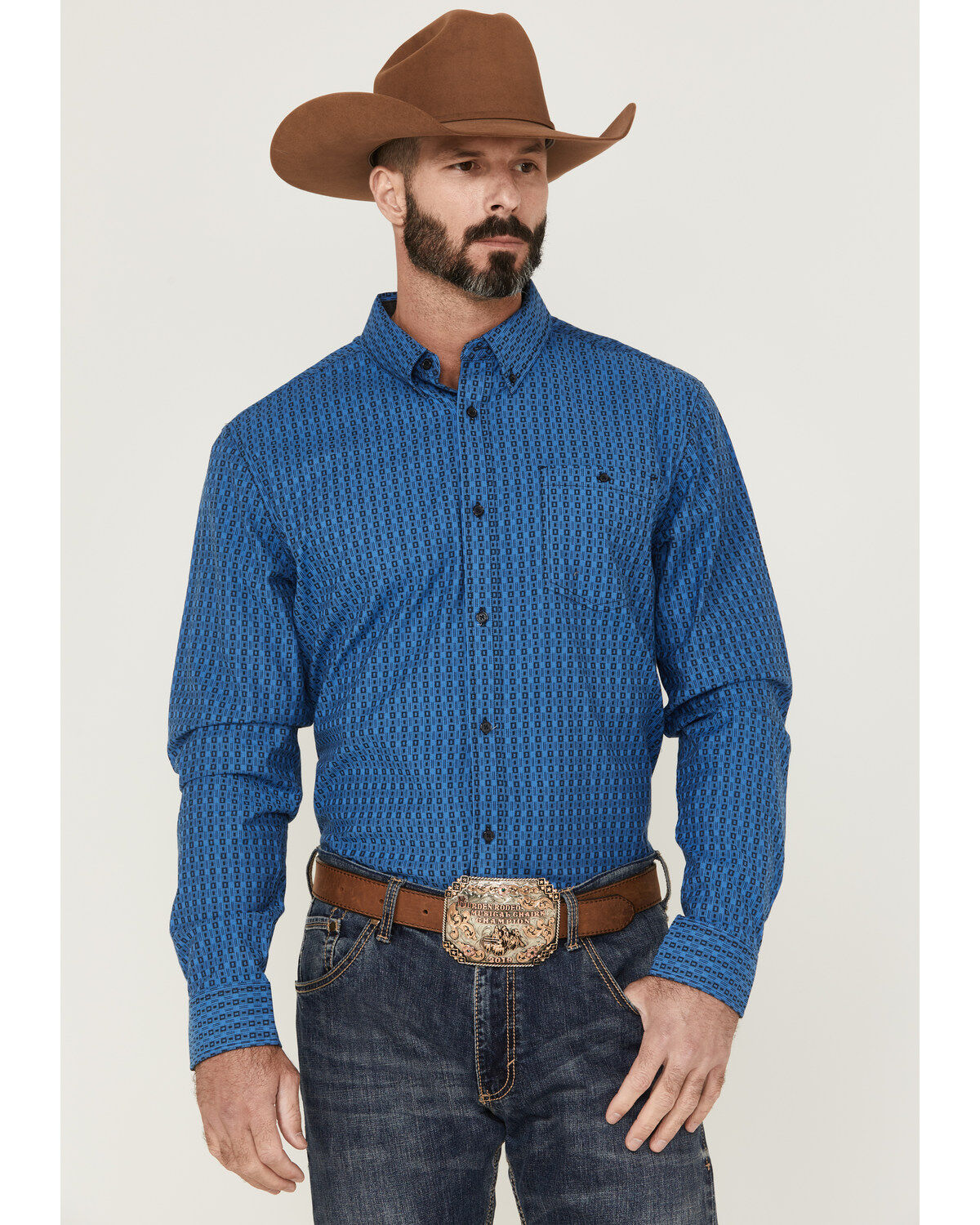 Image #1 - RANK 45&reg; Men's Bulldogger Dobby Geo Button-Down Western Shirt, Blue, hi-res