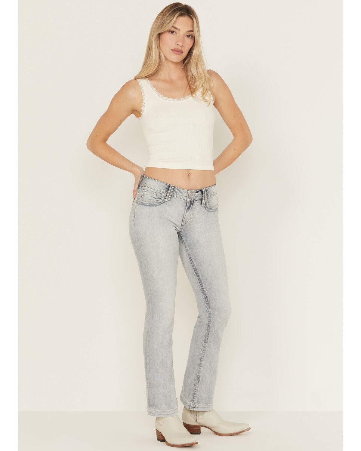 Image #3 - Miss Me Women's Light Wash Mid Rise 32" Bootcut Stretch Denim Jeans, Light Wash, hi-res