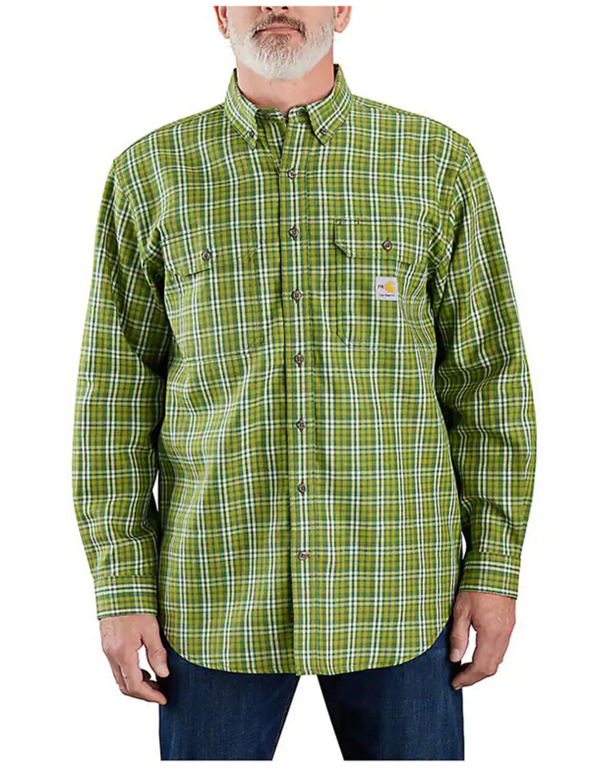 Image #1 - Carhartt Men's FR Force Rugged Flex&reg; Loose Fit Midweight Twill Plaid Print Long Sleeve Button-Down Work Shirt, Dark Green, hi-res