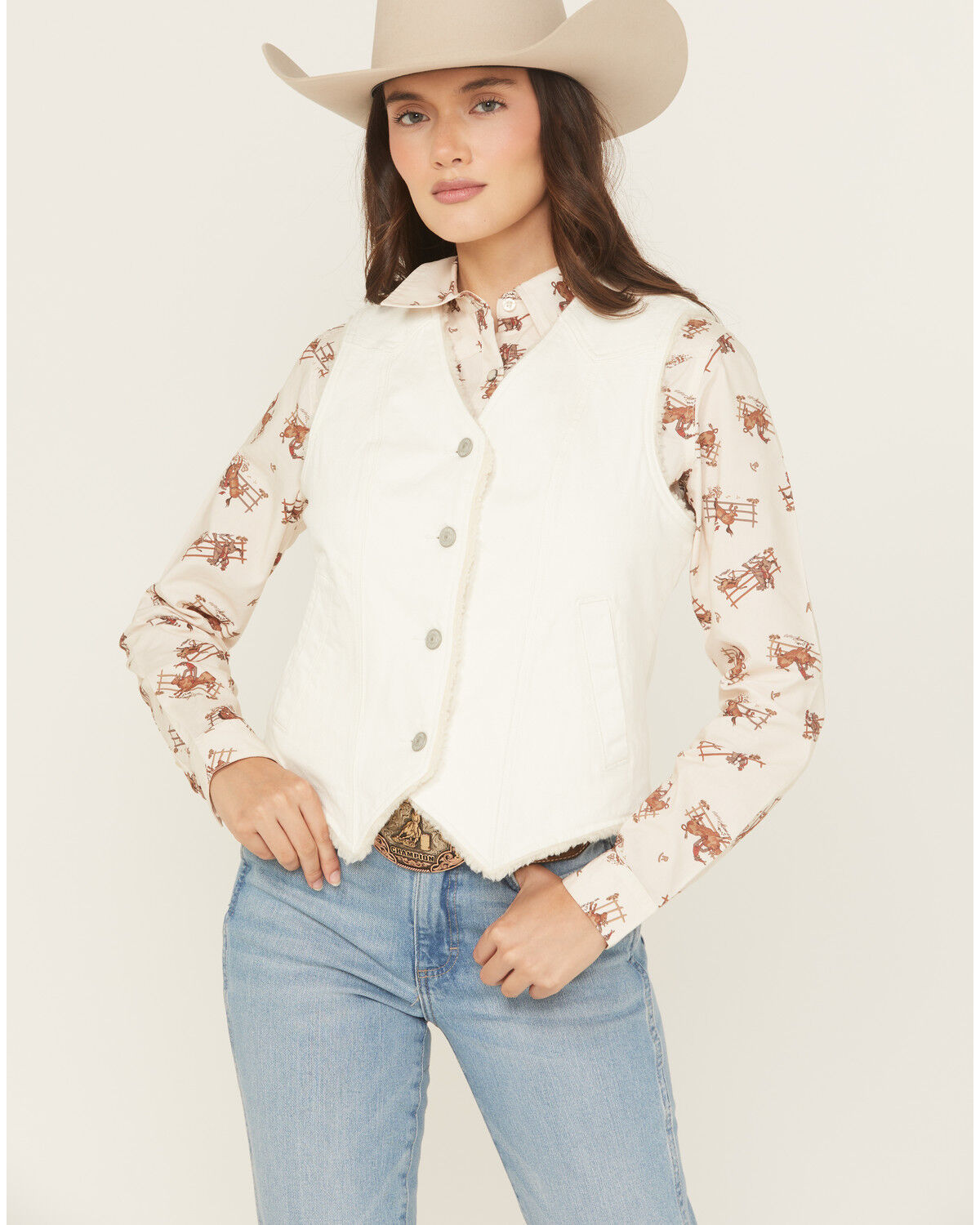 Shyanne Women's Sherpa Lined Button-Down Denim Vest, Off White, hi-res