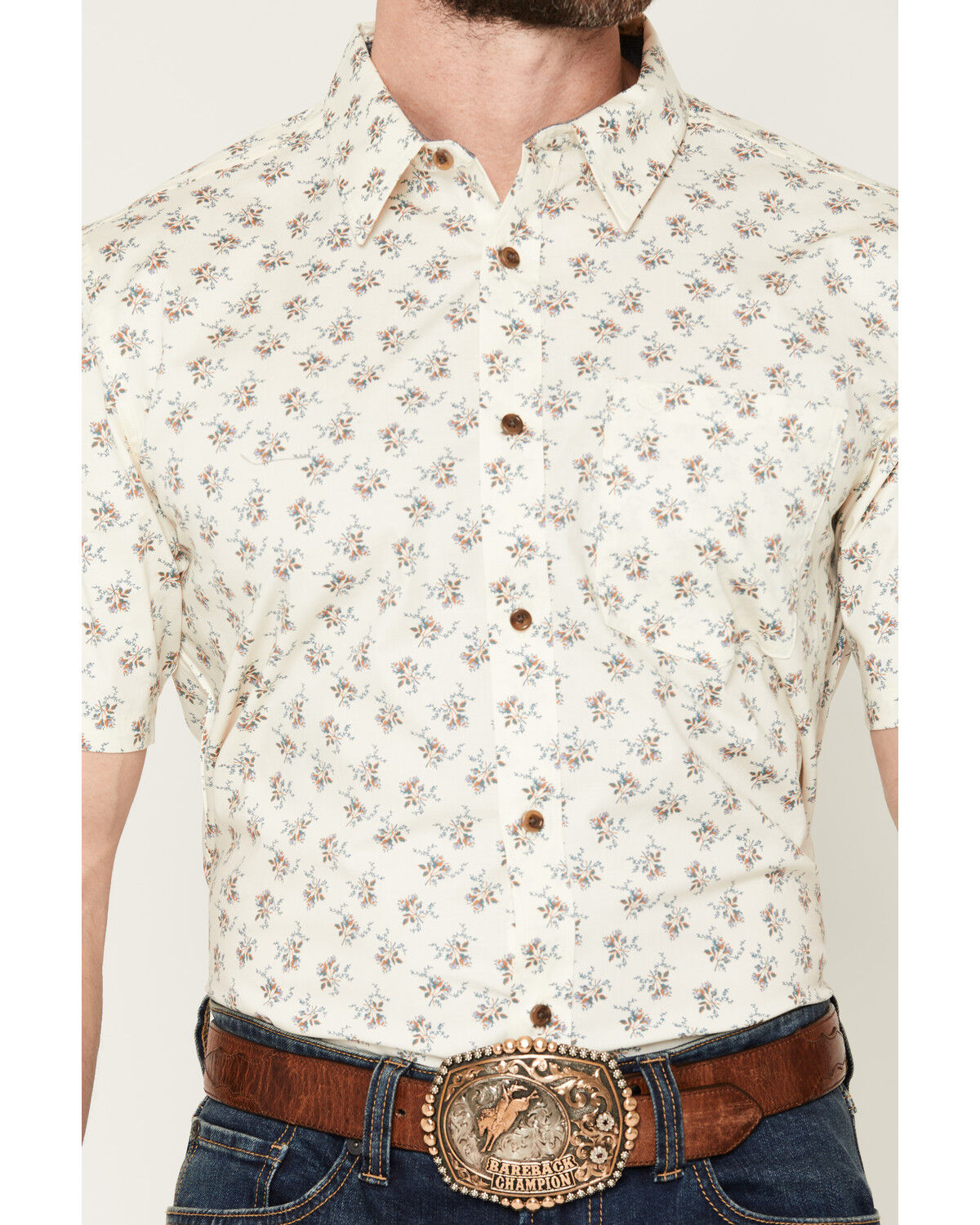 Image #3 - Cody James Men's Off Chute Floral Print Short Sleeve Button-Down Stretch Western Shirt, Cream, hi-res
