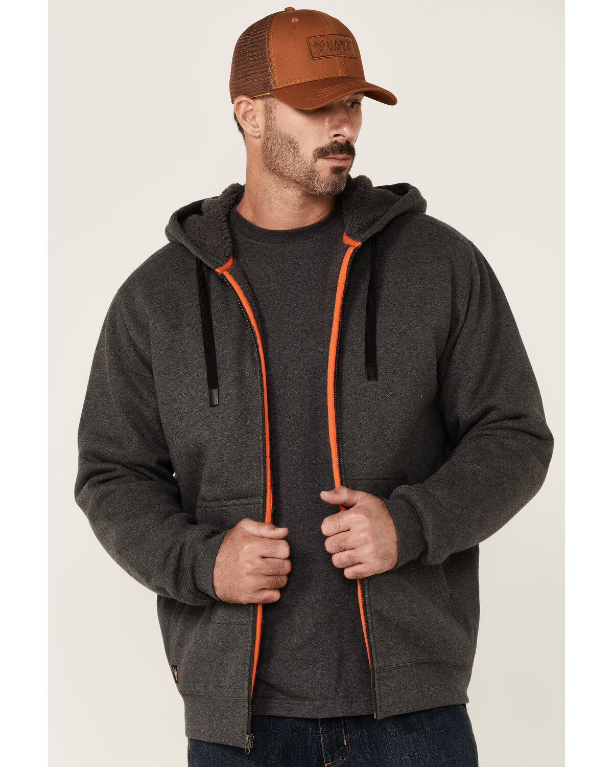 Image #1 - Hawx Men's Charcoal Sherpa-Lined Zip-Front Hooded Work Jacket, Charcoal, hi-res