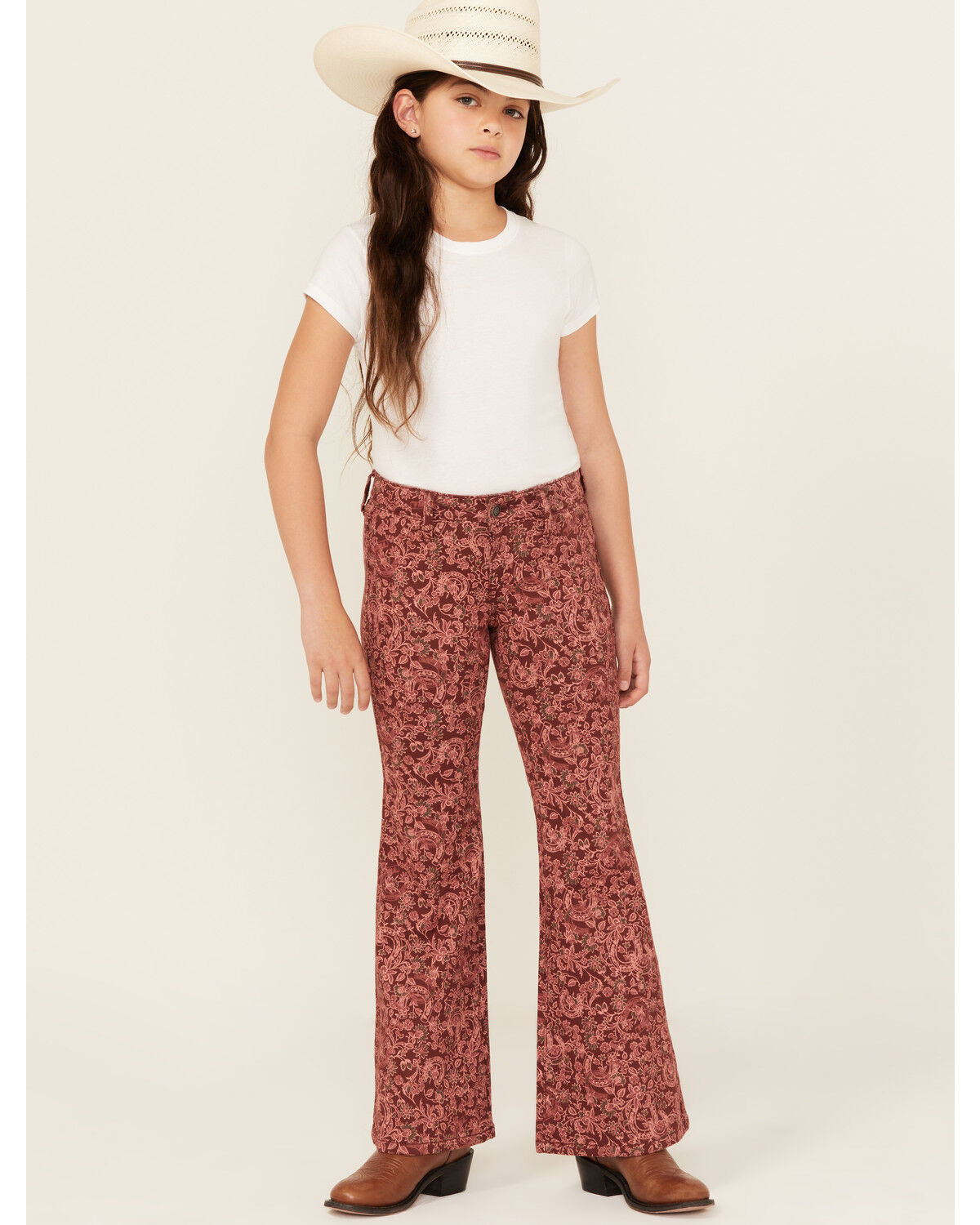Rock & Roll Denim Girls' Floral Horseshoe Print Flare Stretch Denim Jeans, Brown, hi-res