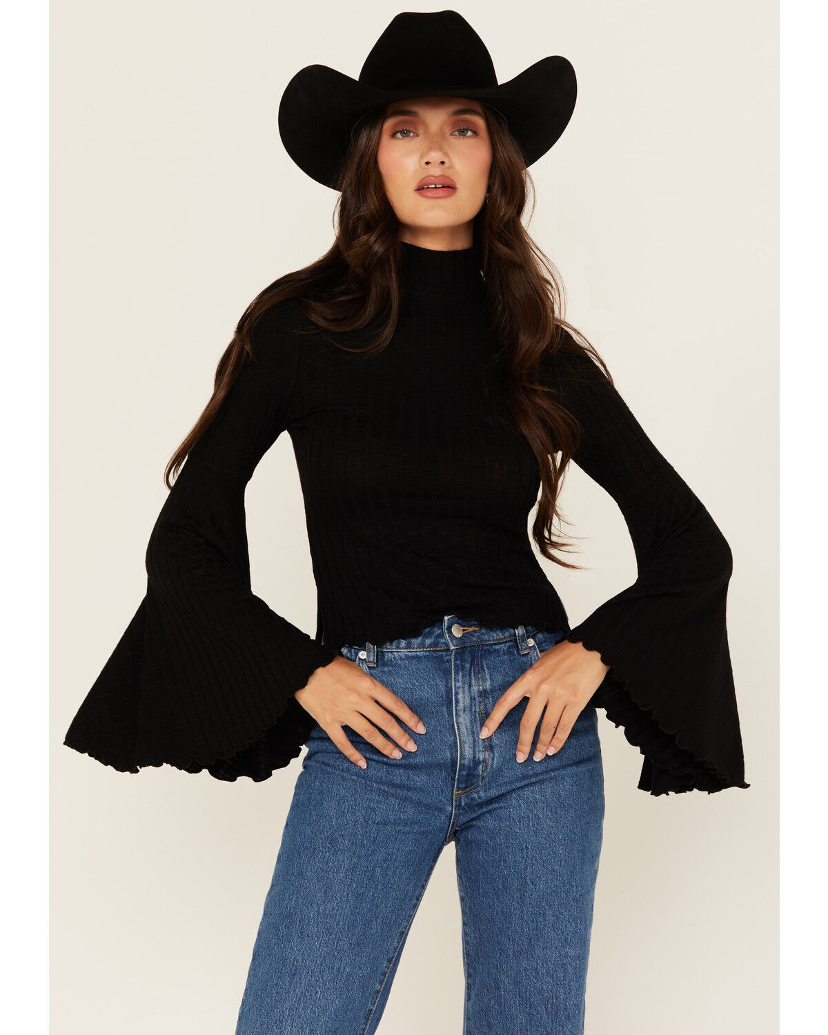 Image #1 - Shyanne Women's Mock Neck Long Bell Sleeve Top, Black, hi-res