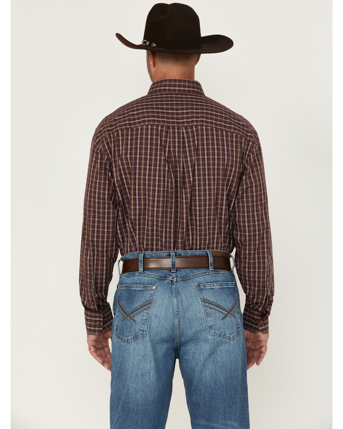 Image #4 - George Strait by Wrangler Men's Plaid Print Long Sleeve Button-Down Stretch Western Shirt, Burgundy, hi-res