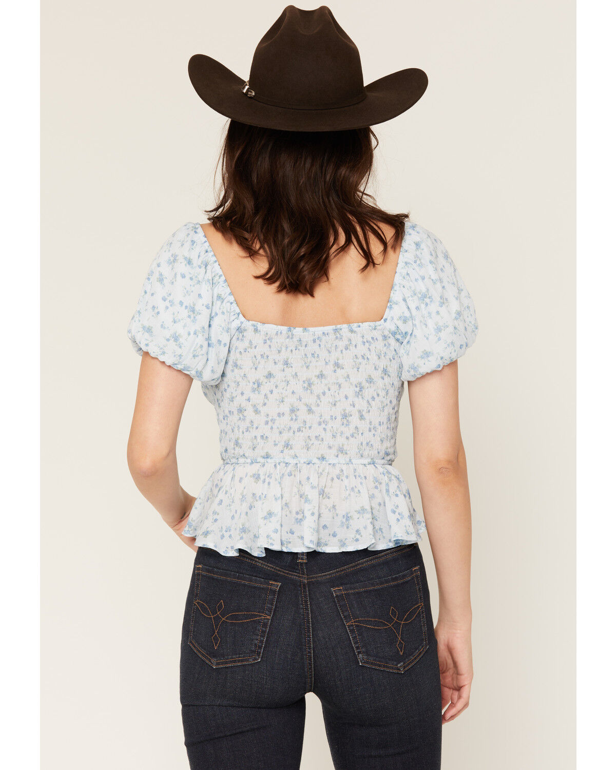 Image #4 - Ash & Violet Women's Ditsy Floral Smocked Short Sleeve Shirt, Blue, hi-res