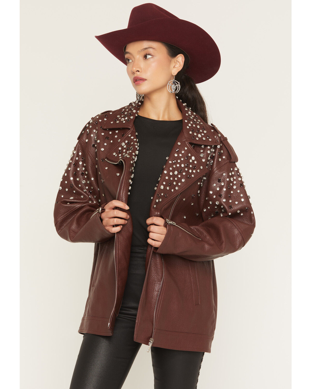 Azalea Wang Women's Catrine Studded Faux Leather Jacket, Burgundy, hi-res