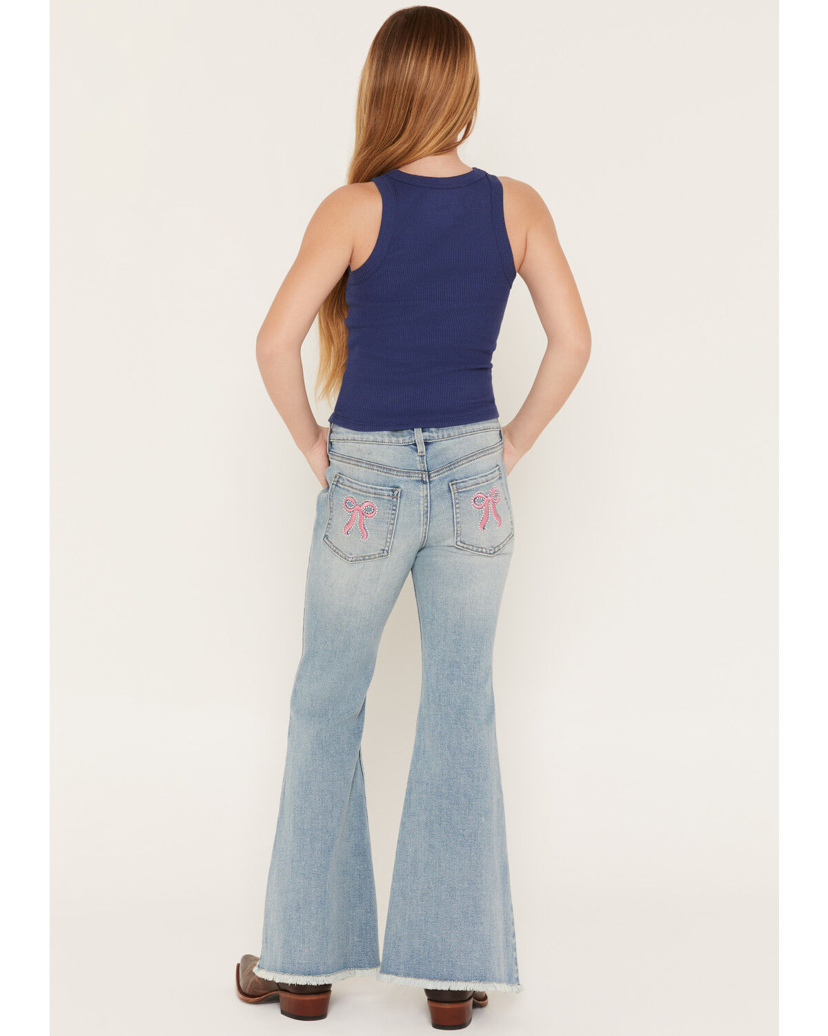 Image #1 - Shyanne Girls' Light Wash Lacey Bow Embroidered Flare Stretch Denim Jeans, Light Wash, hi-res