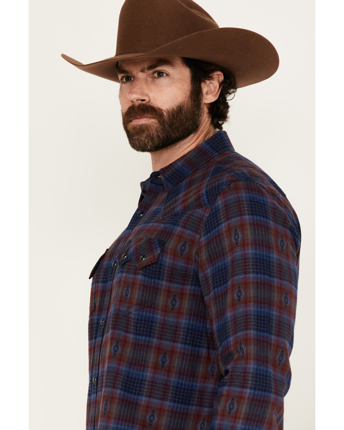 Image #2 - Moonshine Spirit&reg; Men's Fireland Dobby Plaid Print Long Sleeve Snap Western Shirt, Burgundy, hi-res