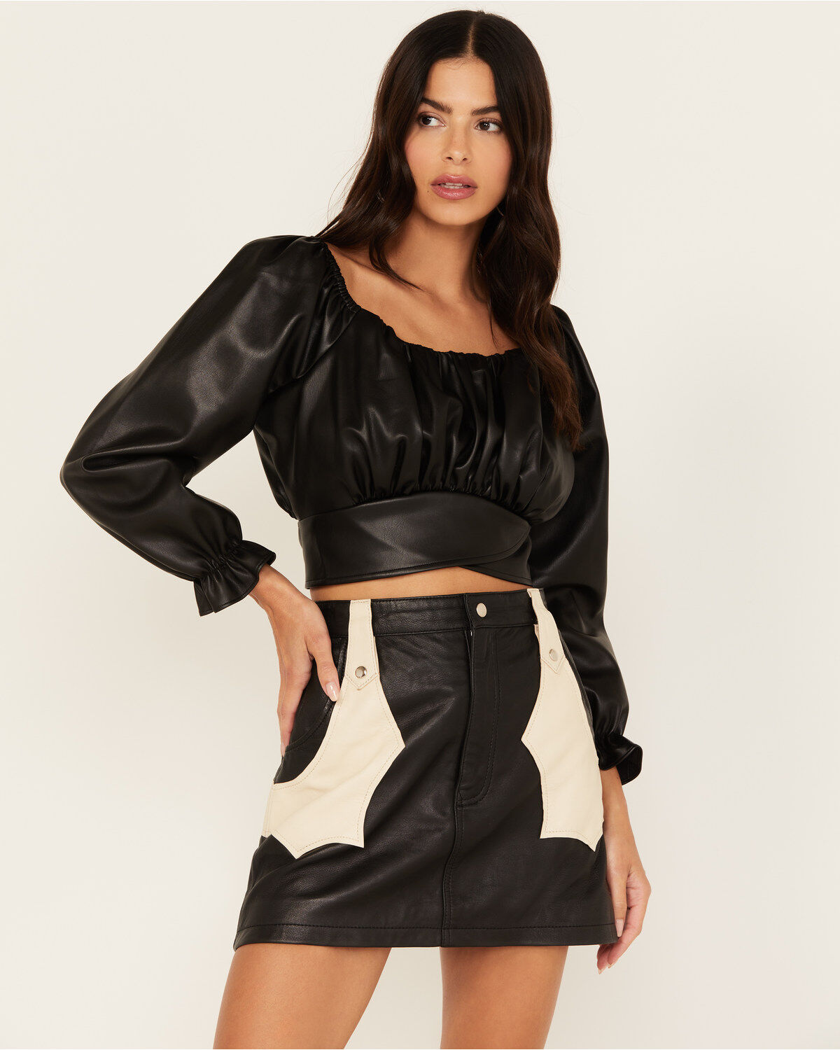 Image #1 - Beyond The Radar Women's Faux Leather Tie Back Crop Top, Black, hi-res