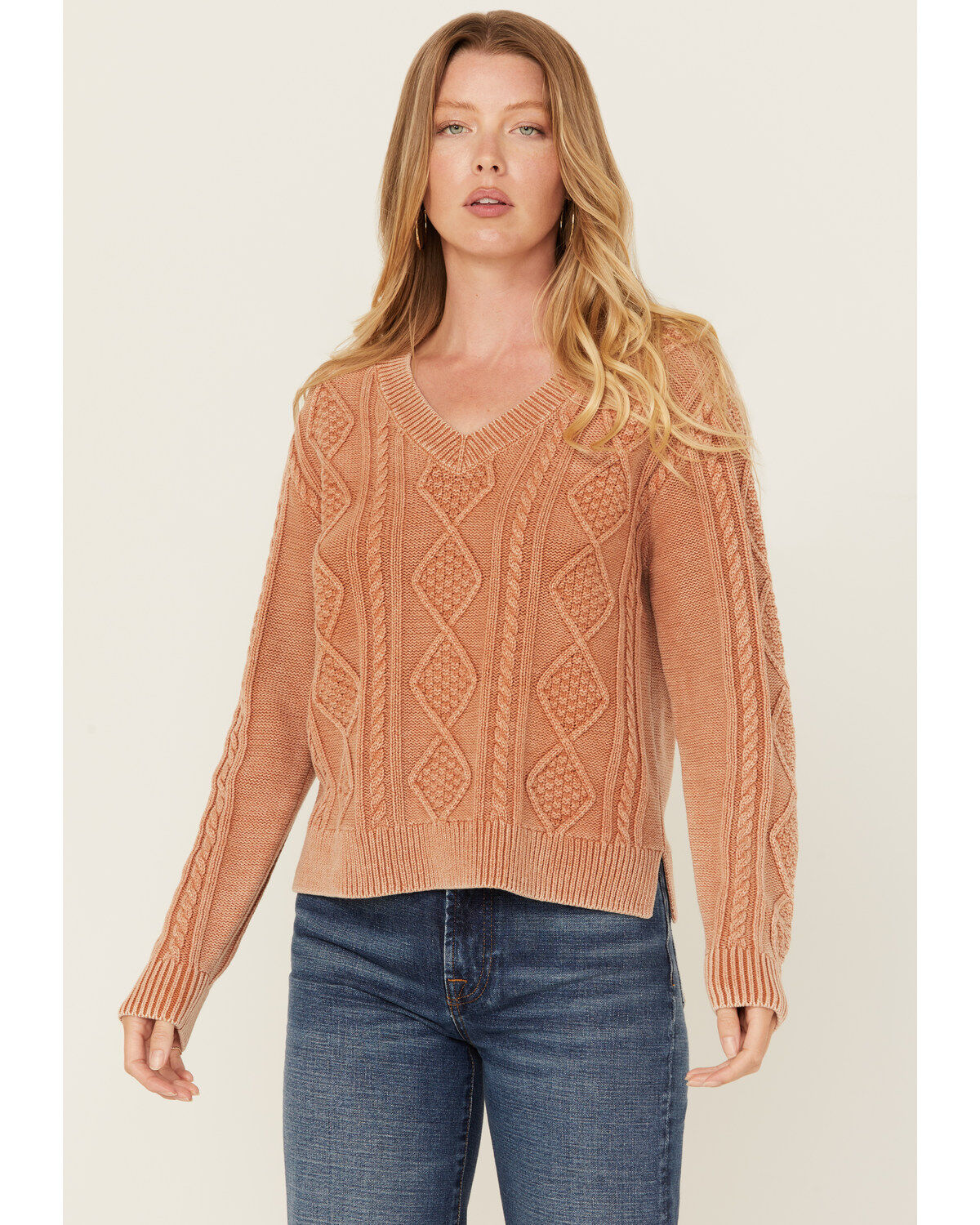 Cleo + Wolf Women's Clark Acid Wash Cable Knit Sweater, Caramel, hi-res