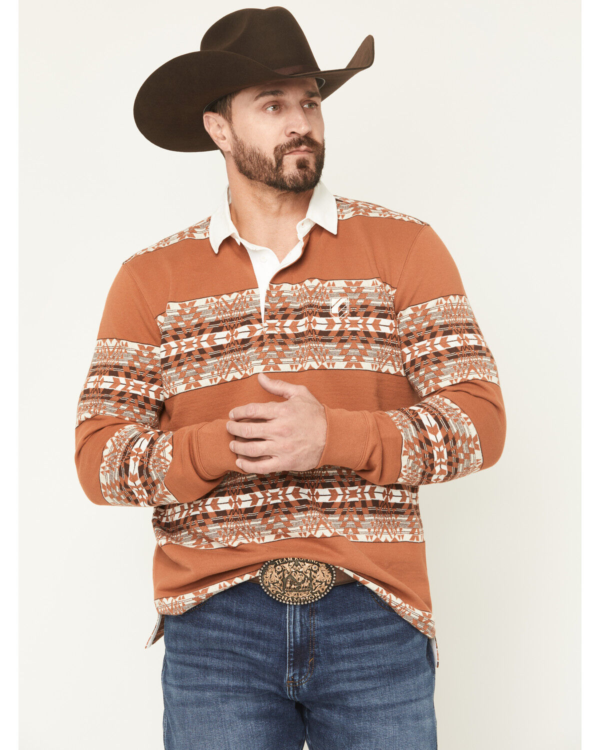 Image #1 - RANK 45&reg; Men's Southwestern Striped Rugby Polo Shirt, Cognac, hi-res