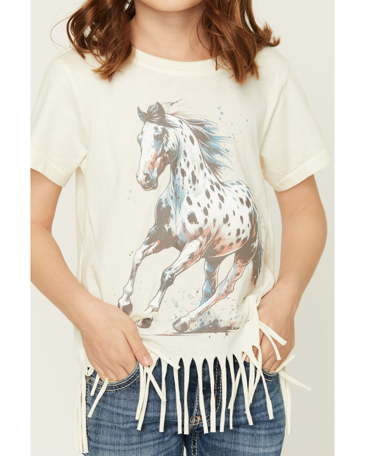 Image #3 - Shyanne Girls' Maisie Spotted Horse Fringe Short Sleeve Graphic Tee, Cream, hi-res