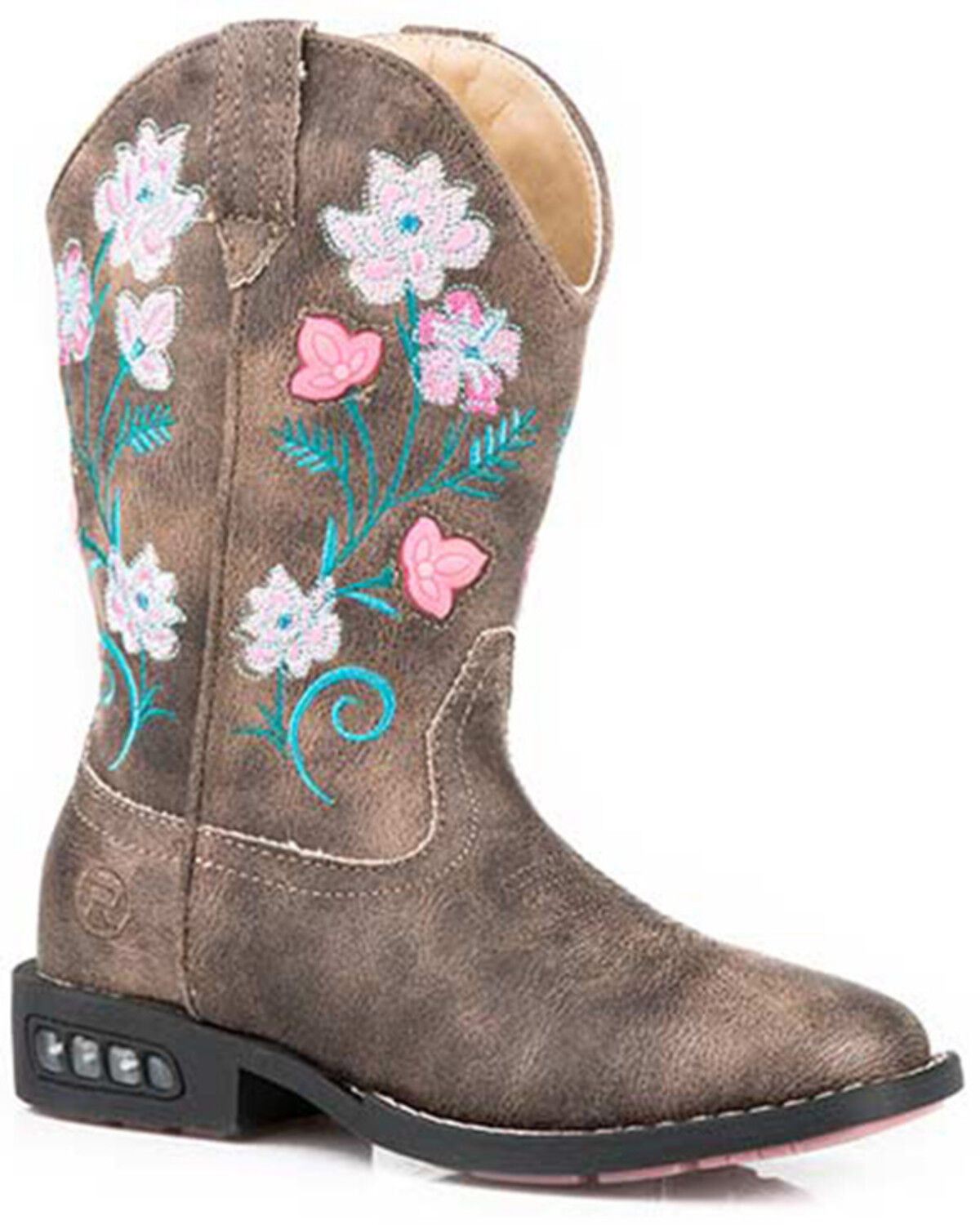 Roper Girls' Dazzle Floral Lights Western Boots - Broad Square Toe, Brown, hi-res