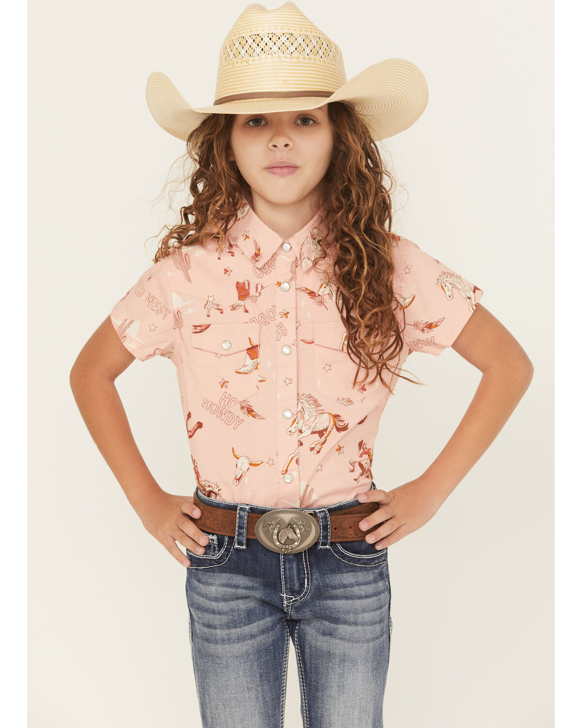 Shyanne Girls' Conversational Print Fringe Short Sleeve Snap Stretch Western Shirt, Light Pink, hi-res