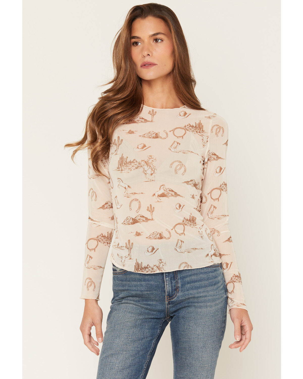 Image #1 - Ash & Violet Women's Conversation Print Mesh Long Sleeve Top, Cream, hi-res