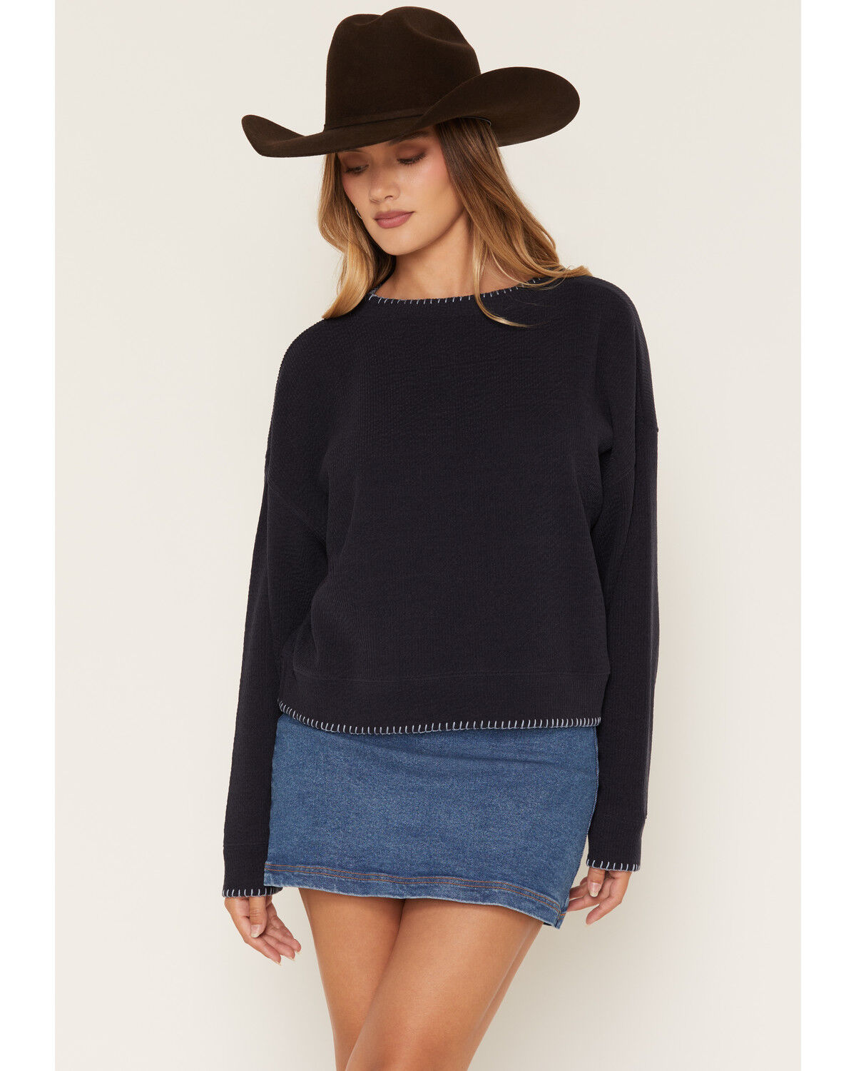 Image #1 - Cleo + Wolf Women's Whip Stitch Crew Neck Sweater, Navy, hi-res