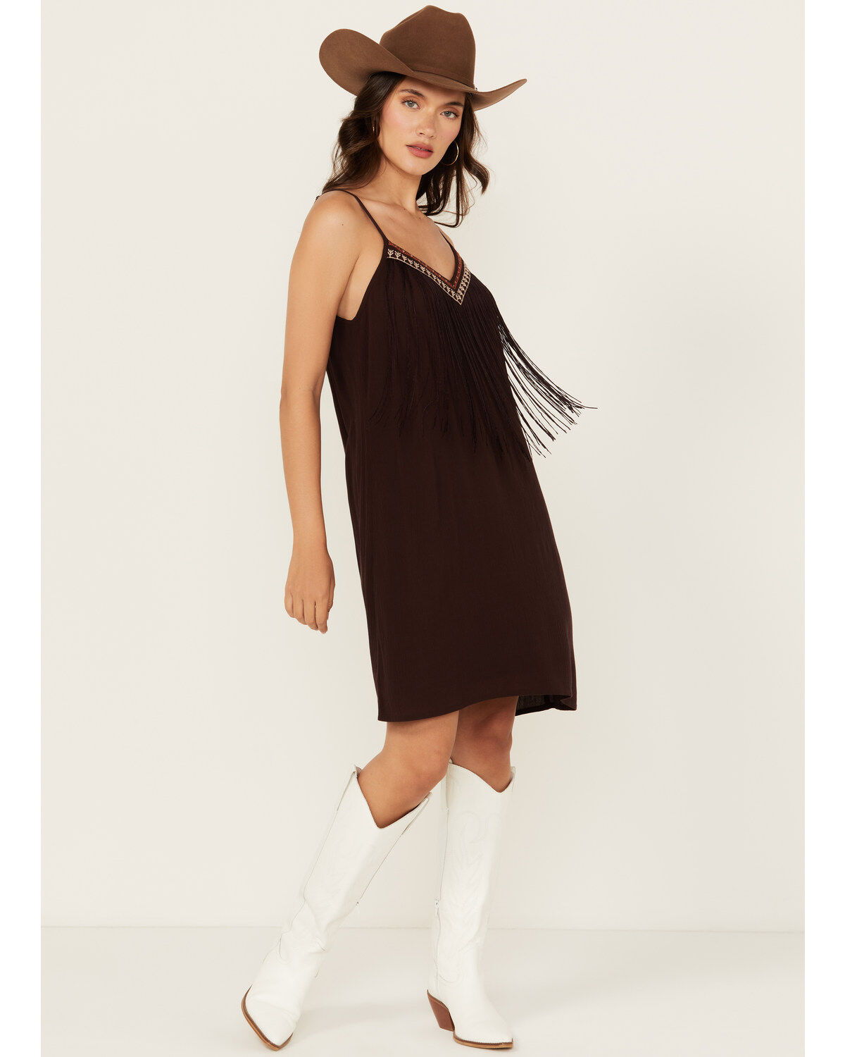 Image #1 - Shyanne Women's Embroidered Fringe Sleeveless Mini Dress, Chocolate, hi-res