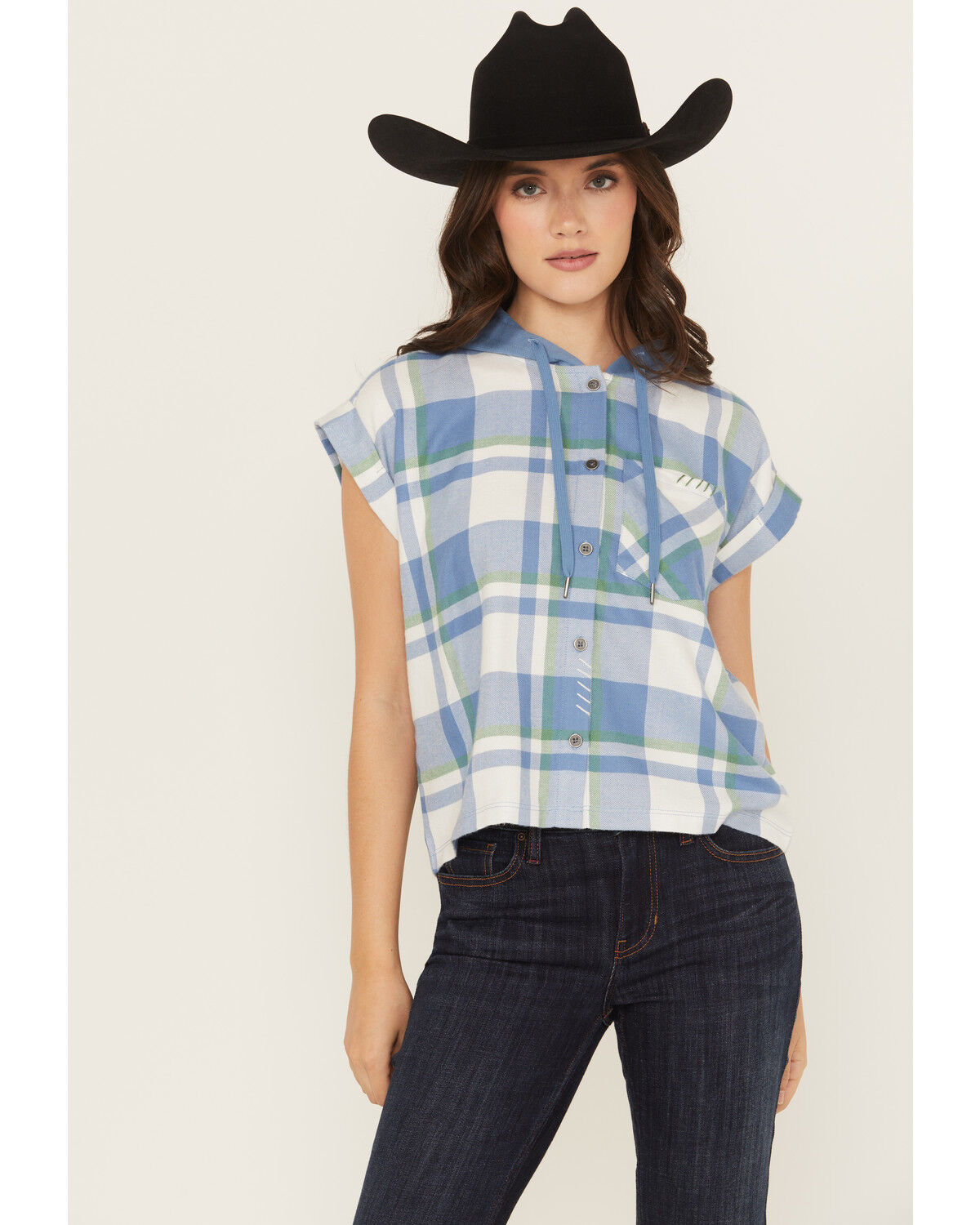 Cleo + Wolf Women's Electra Plaid Print Short Sleeve Button-Down Hooded Shirt, Steel Blue, hi-res