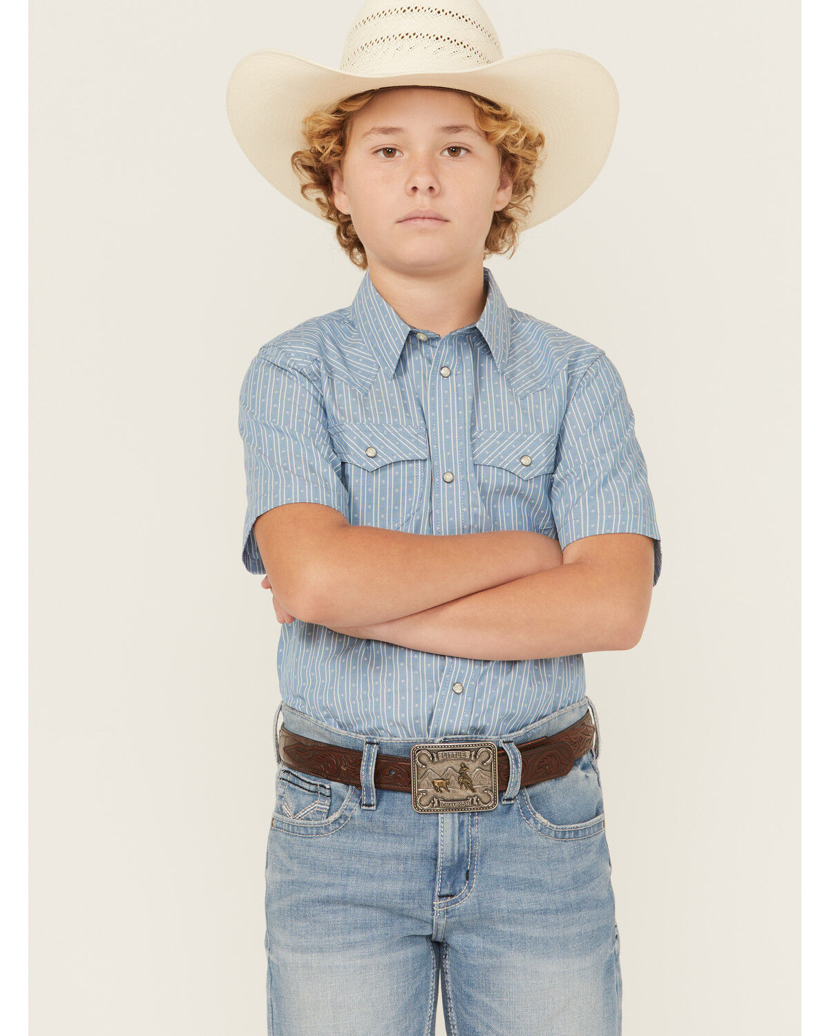 Cody James Boys' Cowboy Way Striped Print Short Sleeve Snap Western Shirt, Light Blue, hi-res