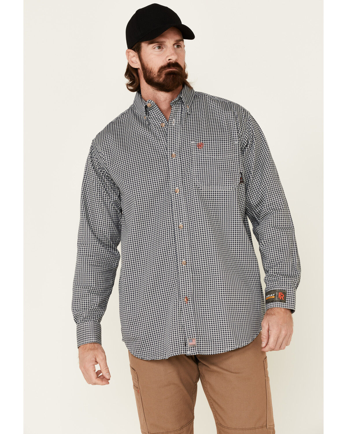 Image #1 - Ariat Men's FR Plaid Print Long Sleeves Button-Down Work Shirt - Big, Navy, hi-res