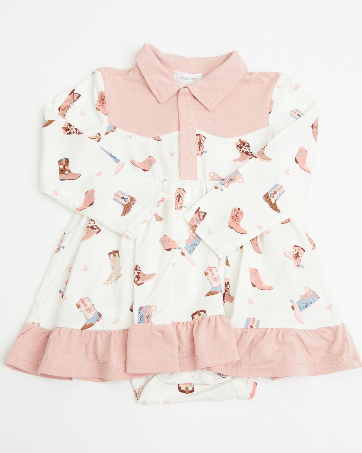 Image #1 - Angel Dear Infant Girls' Buckarette Boot Print Onesie Dress, Ivory, hi-res
