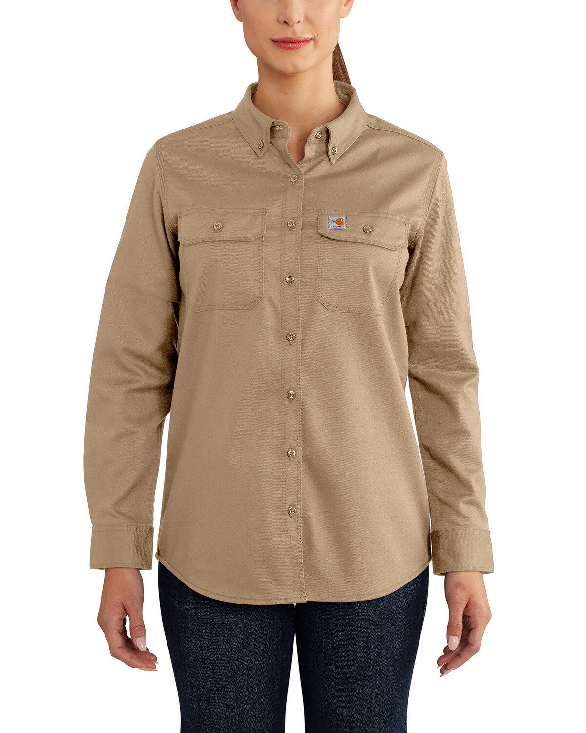 Carhartt Women's FR Solid Rugged Flex&reg; Long Sleeve Button-Down Work Shirt, Beige/khaki, hi-res