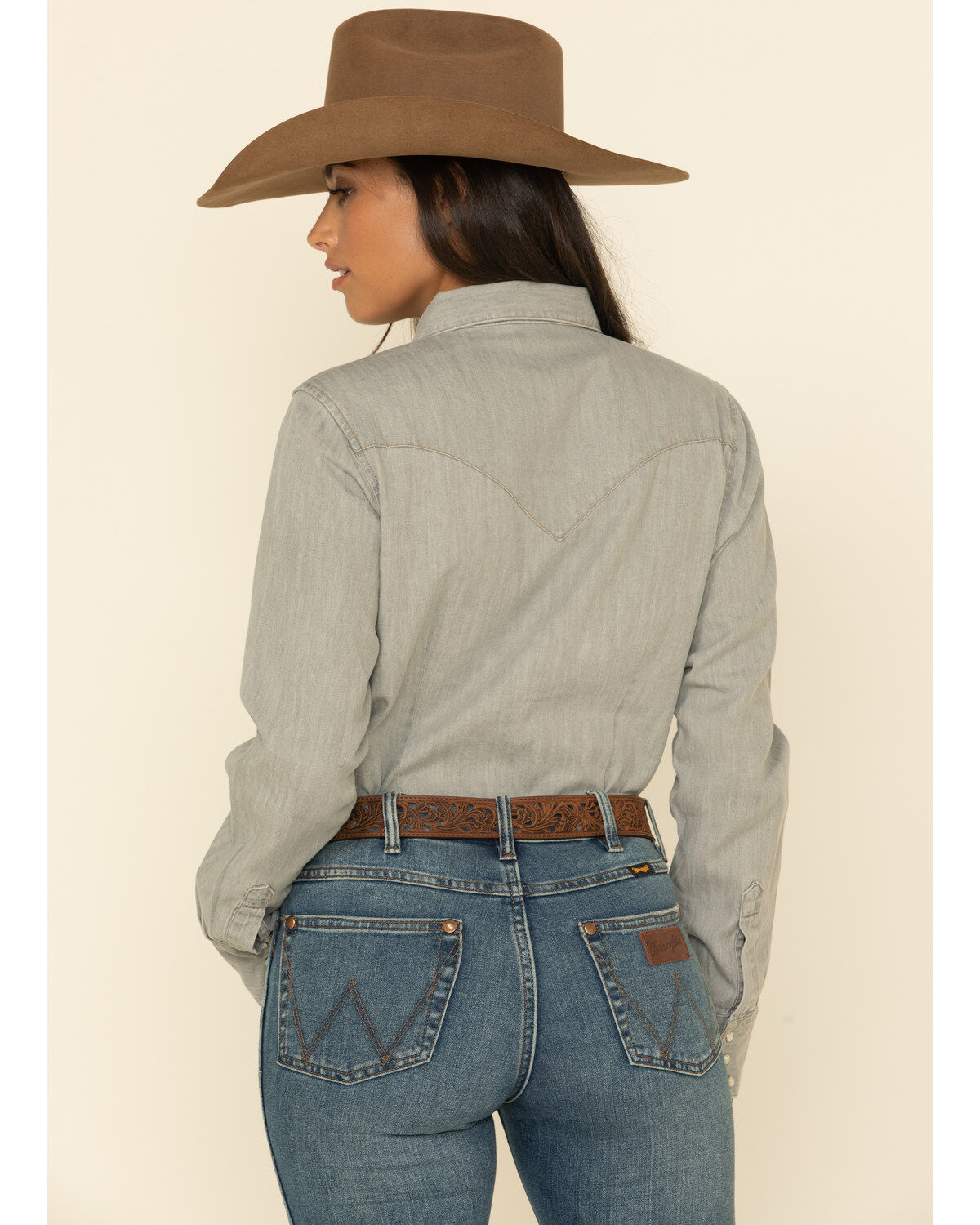 Image #5 - Wrangler Women's Solid Long Sleeve Snap Denim Shirt, Grey, hi-res
