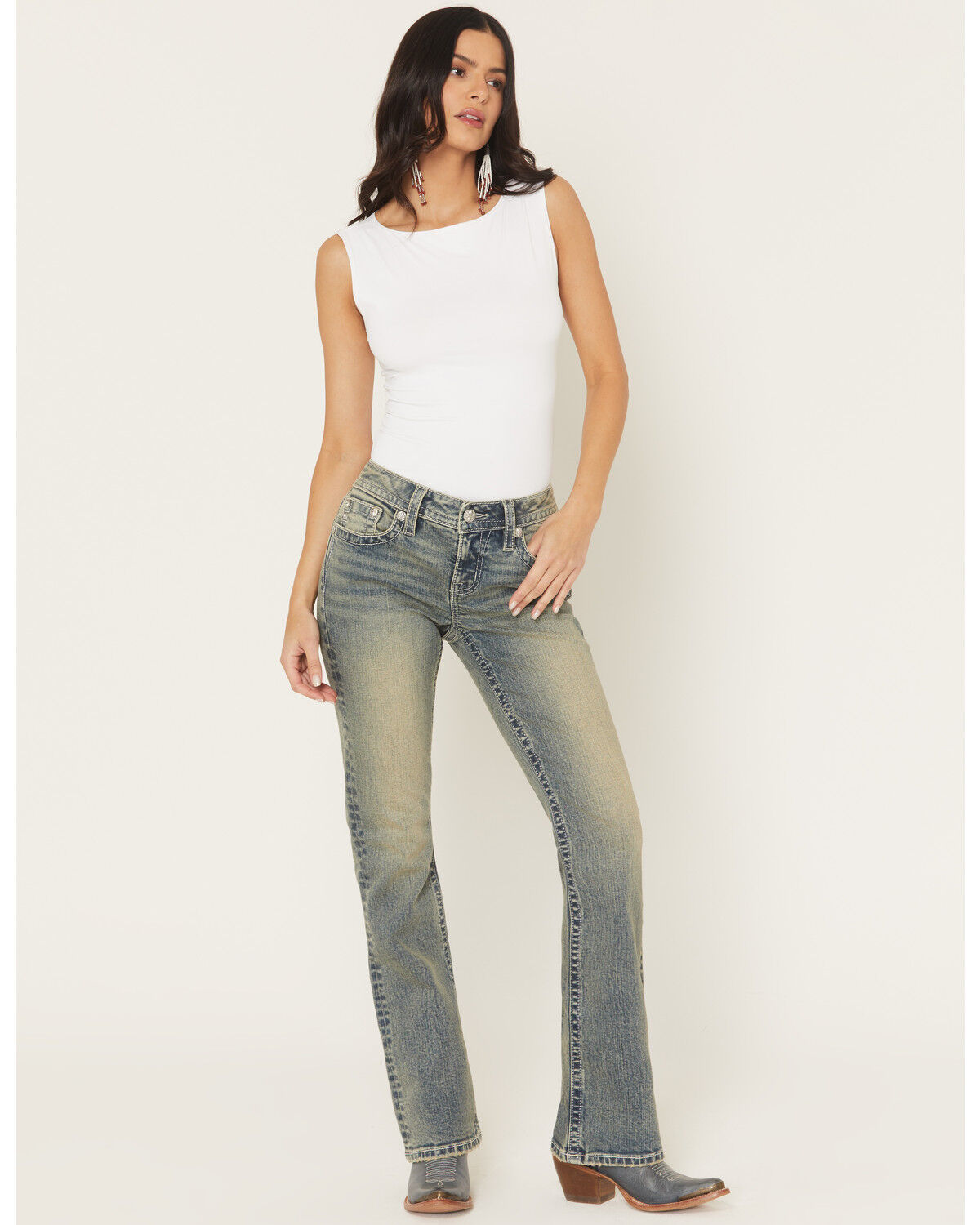 Image #3 - Miss Me Women's Dark Wash Mid Rise Winged Pocket 32" Bootcut Stretch Denim Jeans, Dark Wash, hi-res