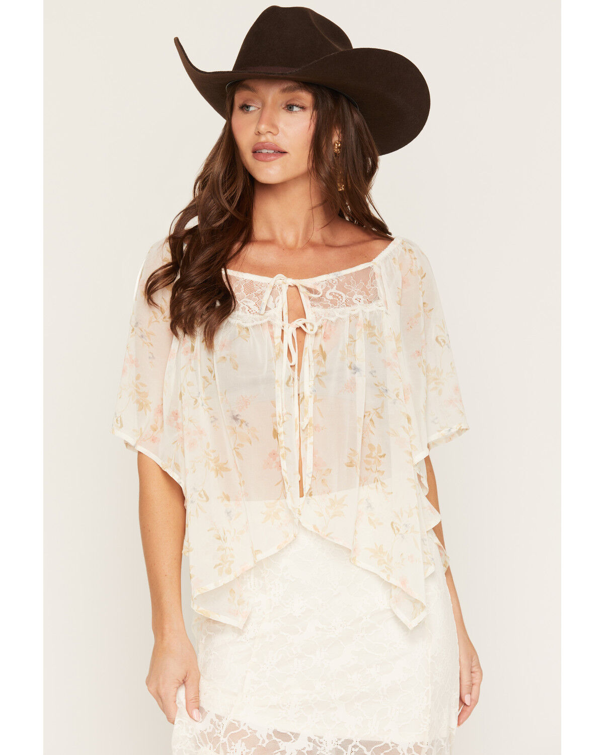 Wild Moss Women's Floral Print Tie-Front Blouse, Ivory, hi-res