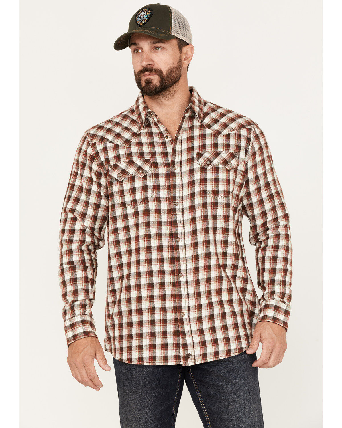 Image #2 - Moonshine Spirit&reg; Men's Dirt Runner Plaid Print Snap Western Flannel Shirt, Cream, hi-res