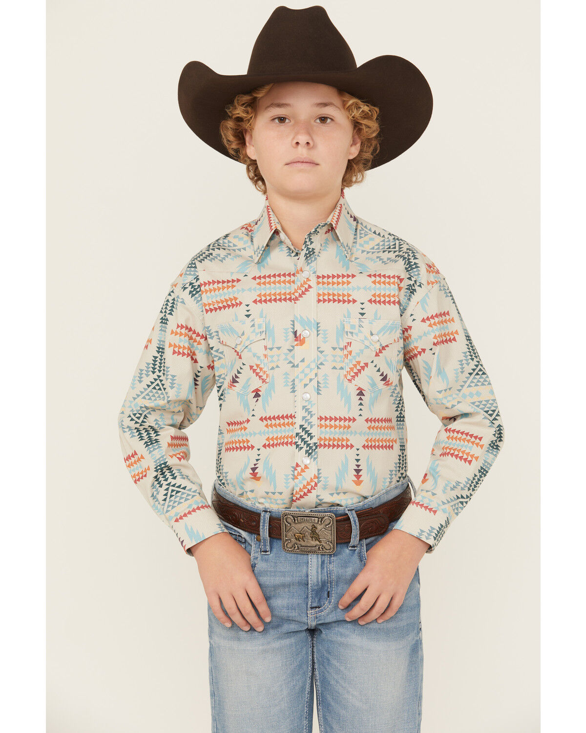 Rock & Roll Denim Boys' Southwestern Print Long Sleeve Pearl Snap Stretch Western Shirt, Ivory, hi-res