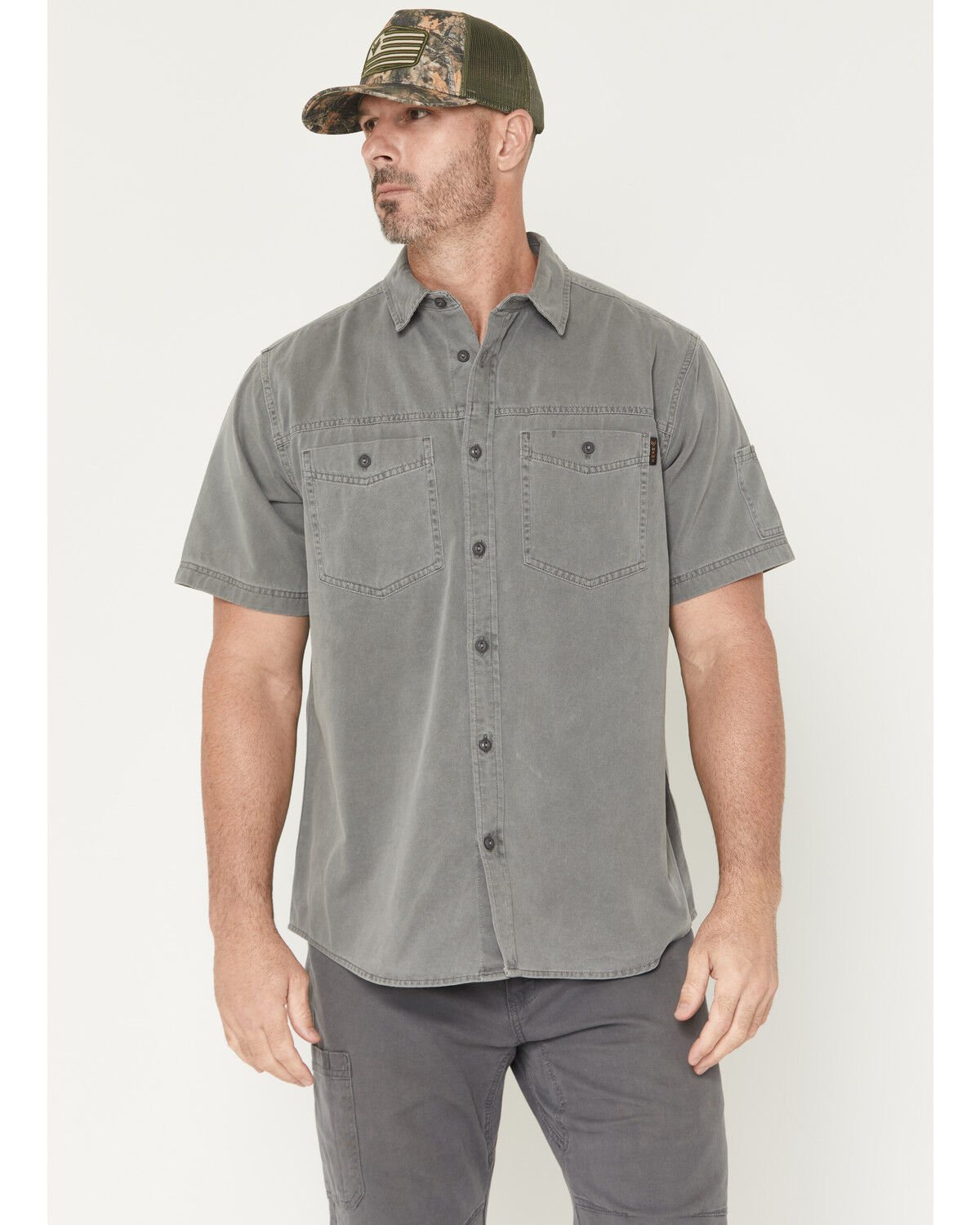 Hawx Men's Burr Solid Short Sleeve Button-Down Woven Work Shirt, Light Grey, hi-res