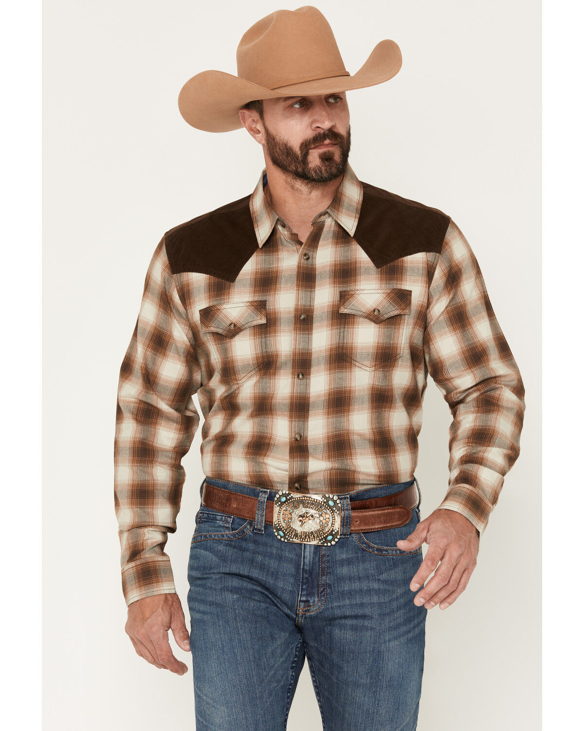 Image #1 - Cody James Men's Mad Plaid Print Corduroy Long Sleeve Snap Western Shirt, Tan, hi-res